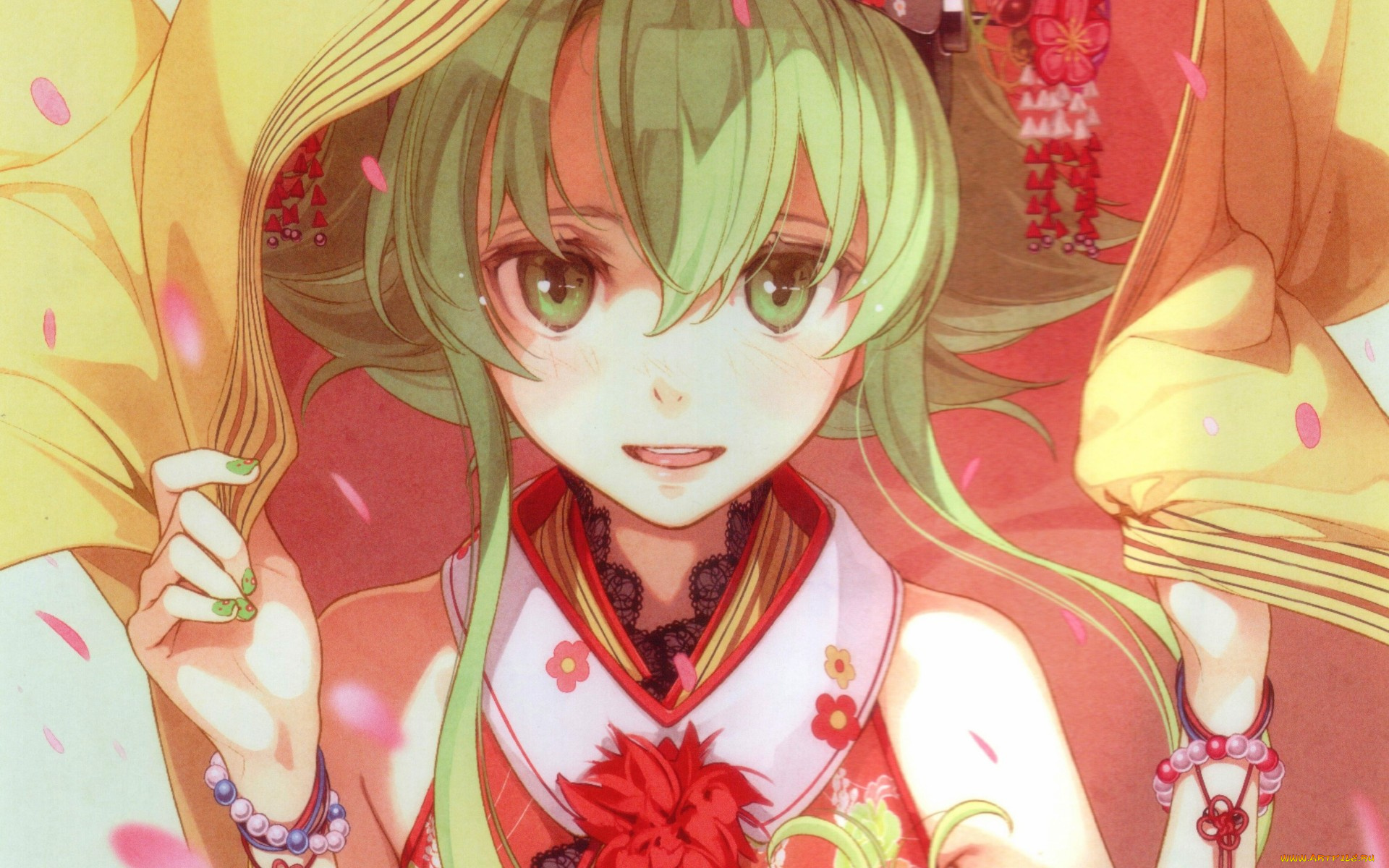 аниме, vocaloid, gumi, megpoid, hidari, прическа, украшения, кимоно, зеленые, волосы, art