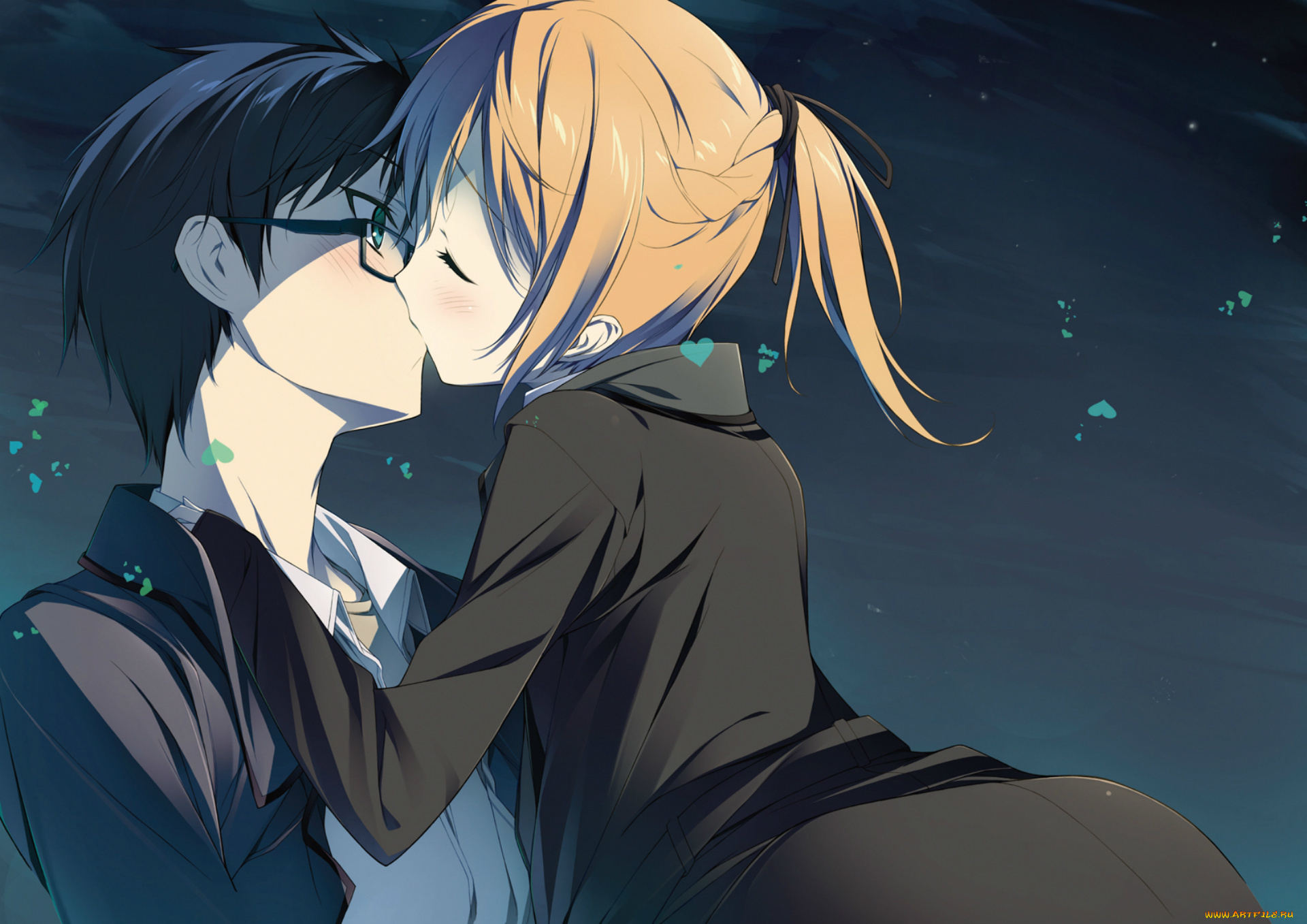 аниме, unknown, , другое, поцелуй, mayo, chiki, art, kinjieou, sakamachi, seiji, kikuchi, двое, subaru, konoe, сердечки, ночь, очки