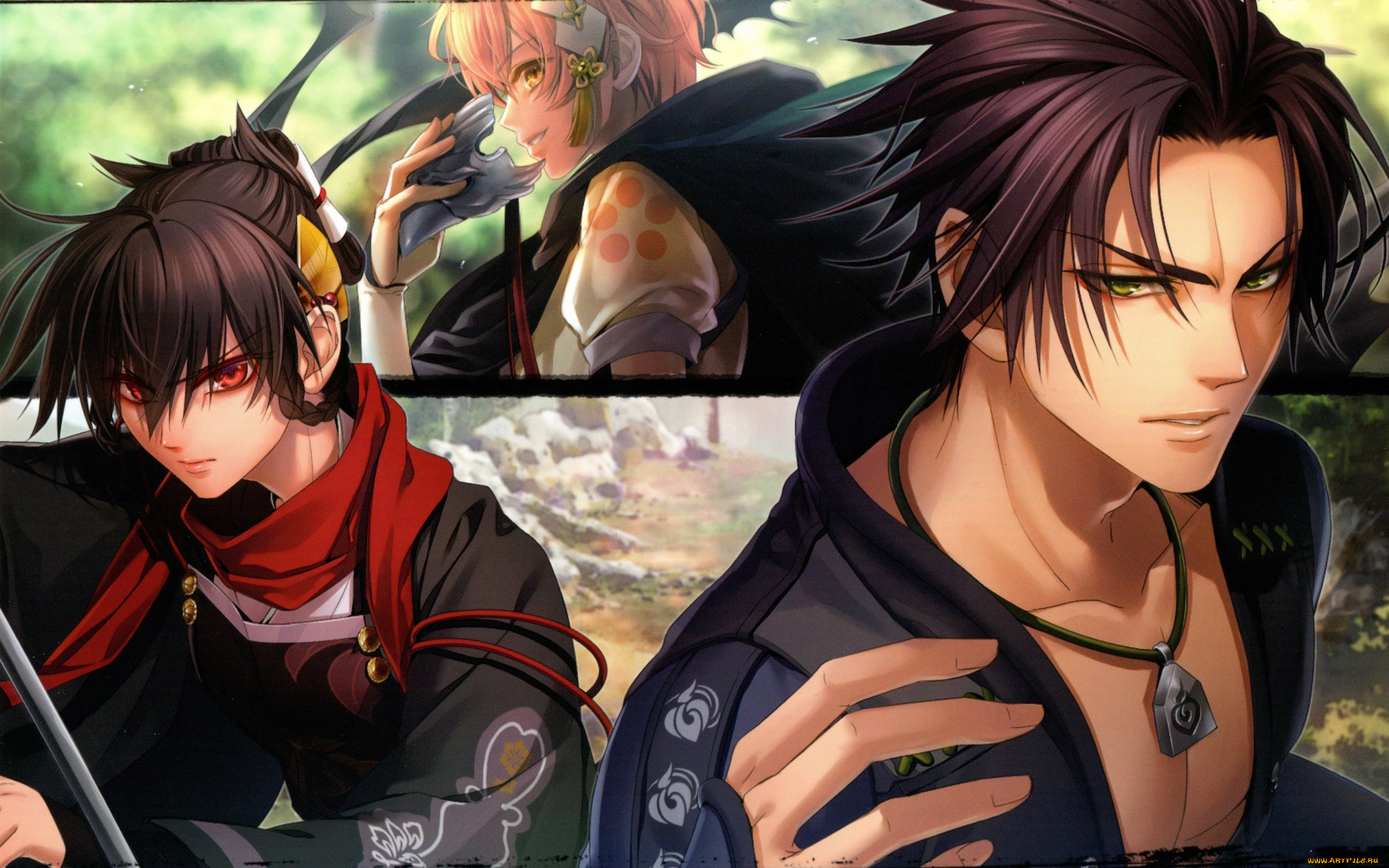 аниме, toki, no, kizuna, miko, art, красные, глаза, амулет, shuu, nagumo, маска, yukina, suzumori, kazutake, visual, novel, toki, no, kizuna, трое, прическа, шарф