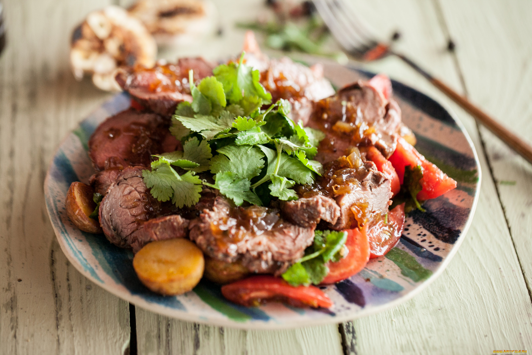 еда, мясные, блюда, жареное, кусочки, мясо, зелень