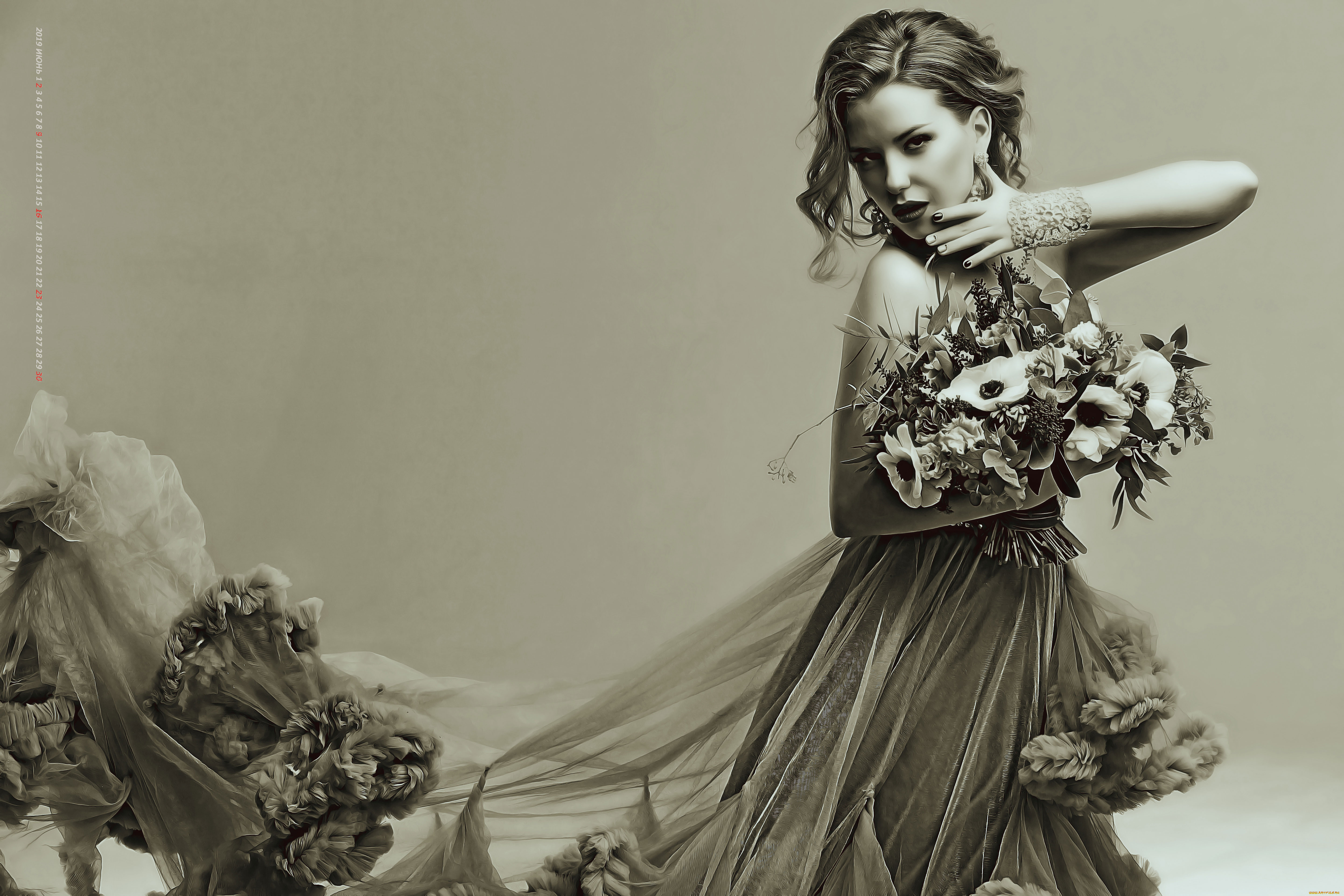 календари, компьютерный, дизайн, женщина, украшение, букет, девушка, цветы, 2019, calendar