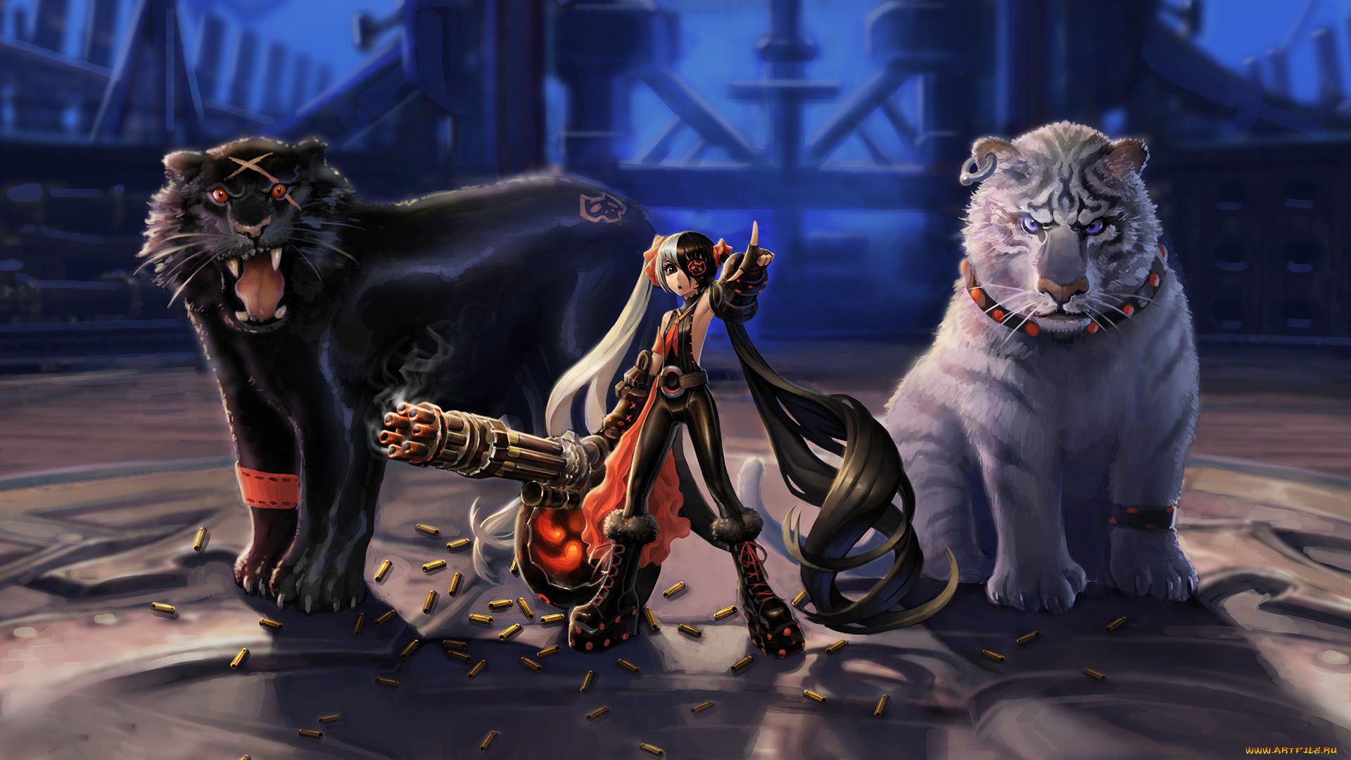 аниме, животные, , существа, девушка, фон, пулемет, пантера, тигр, взгляд