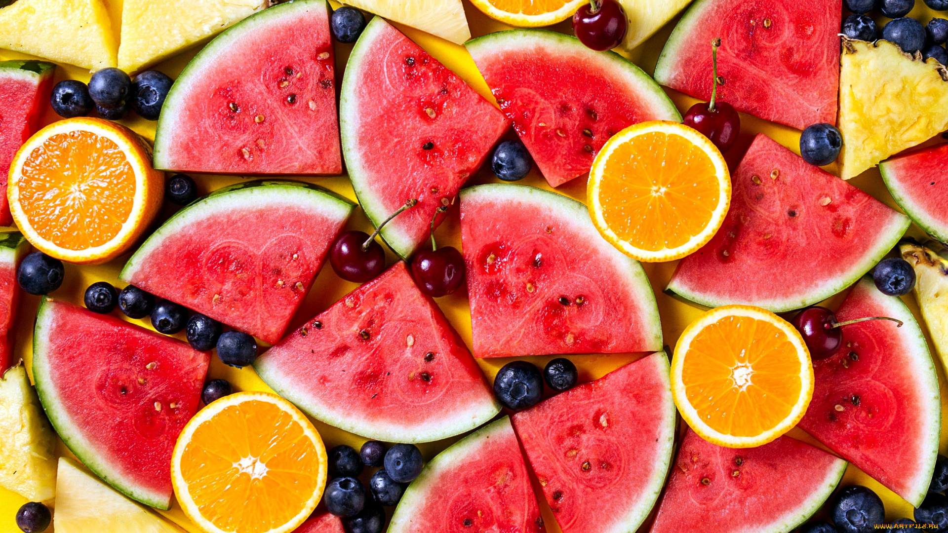еда, фрукты, , ягоды, арбуз, апельсин, вишня, черника