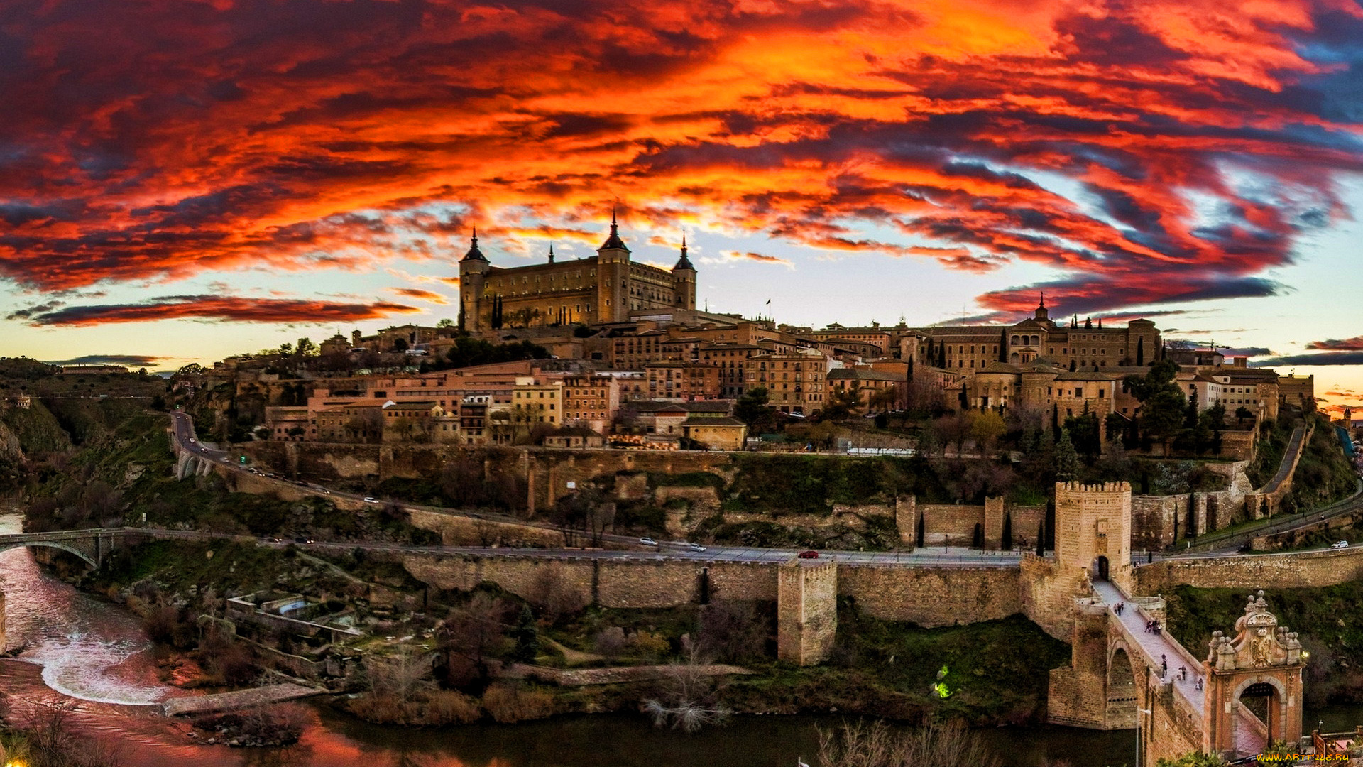 города, толедо, , испания, закат, панорама