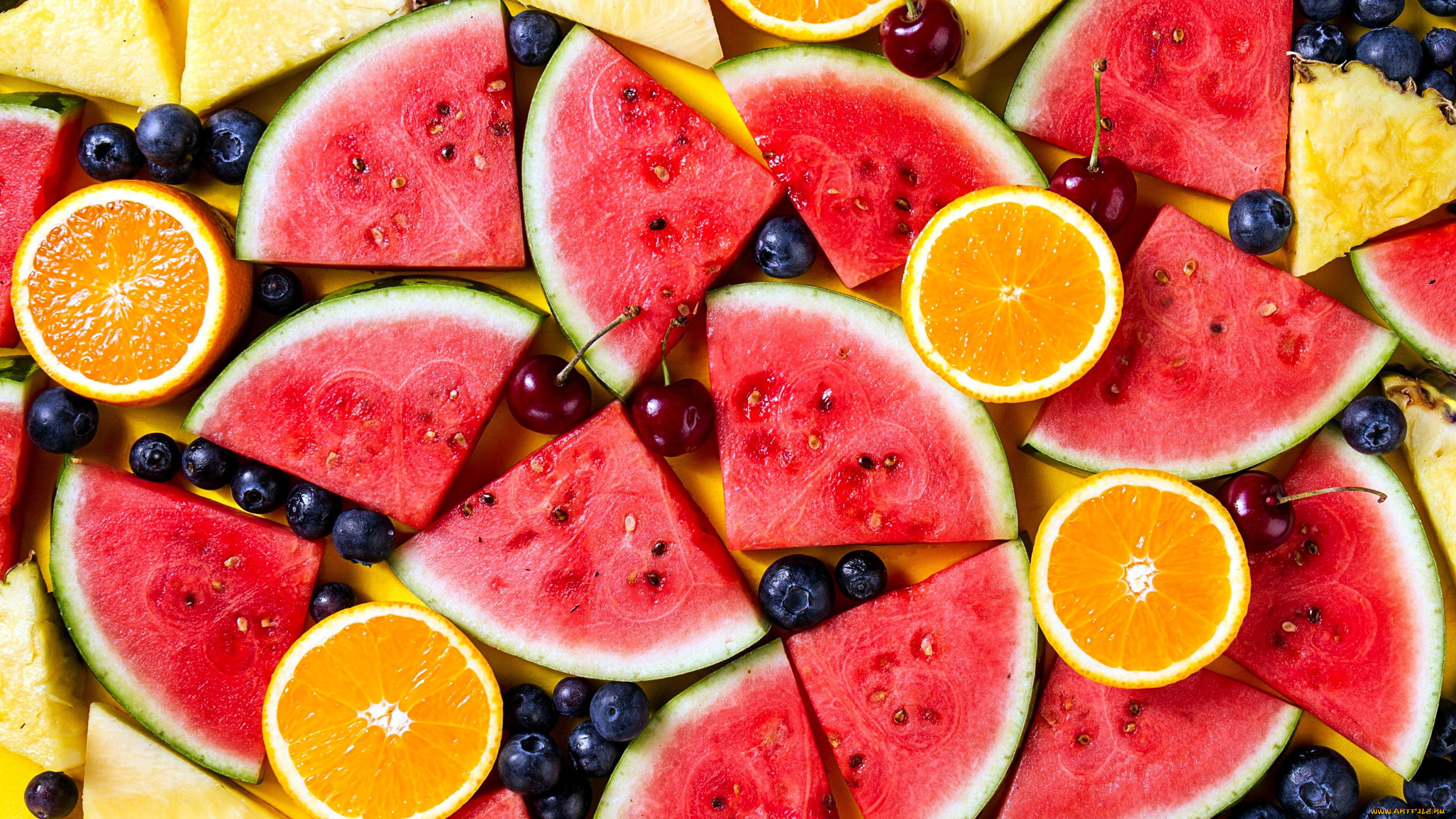 еда, фрукты, , ягоды, арбуз, апельсин, вишня, черника