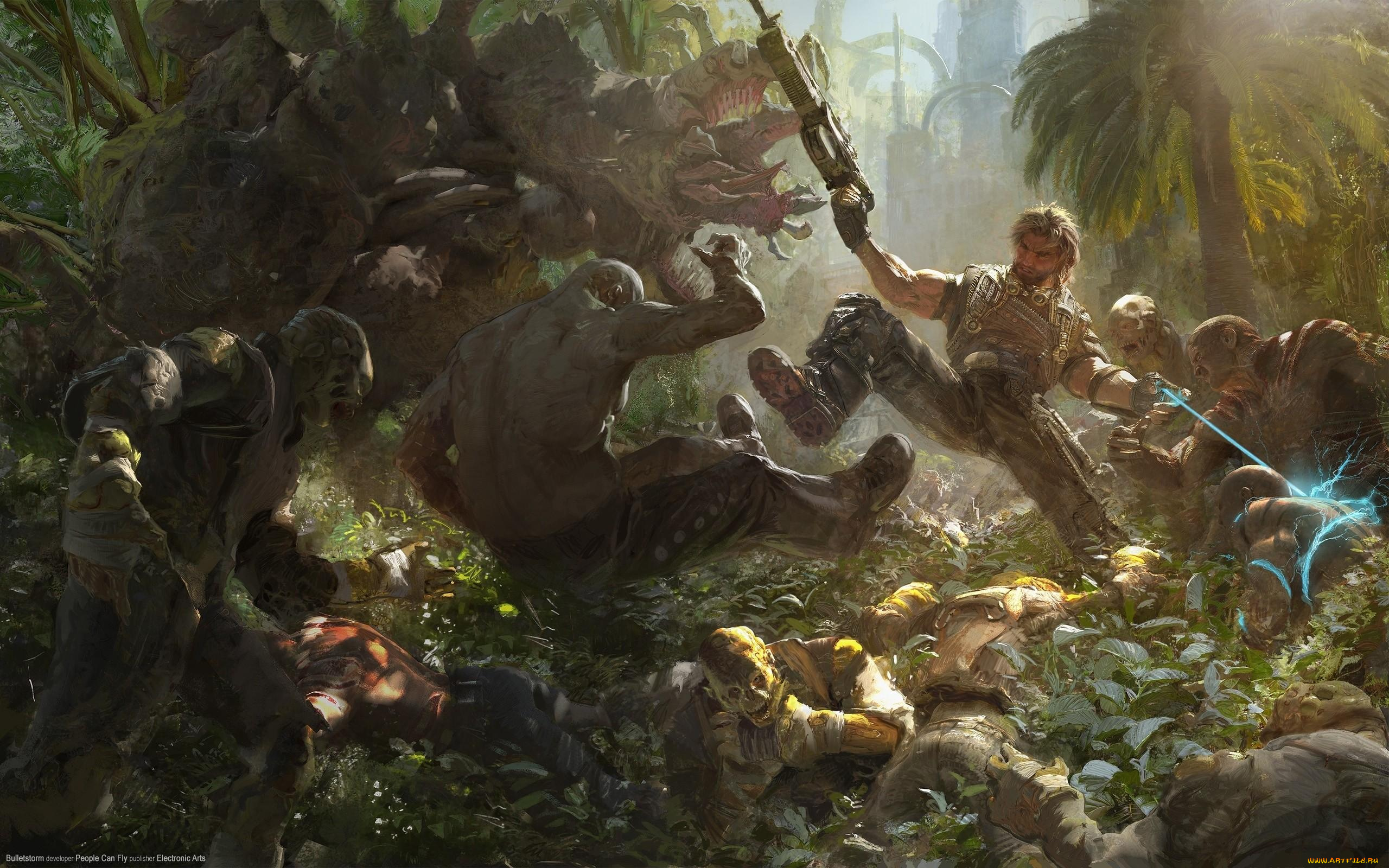 видео, игры, bulletstorm, бой, люди, монстры, оружие, джунгли