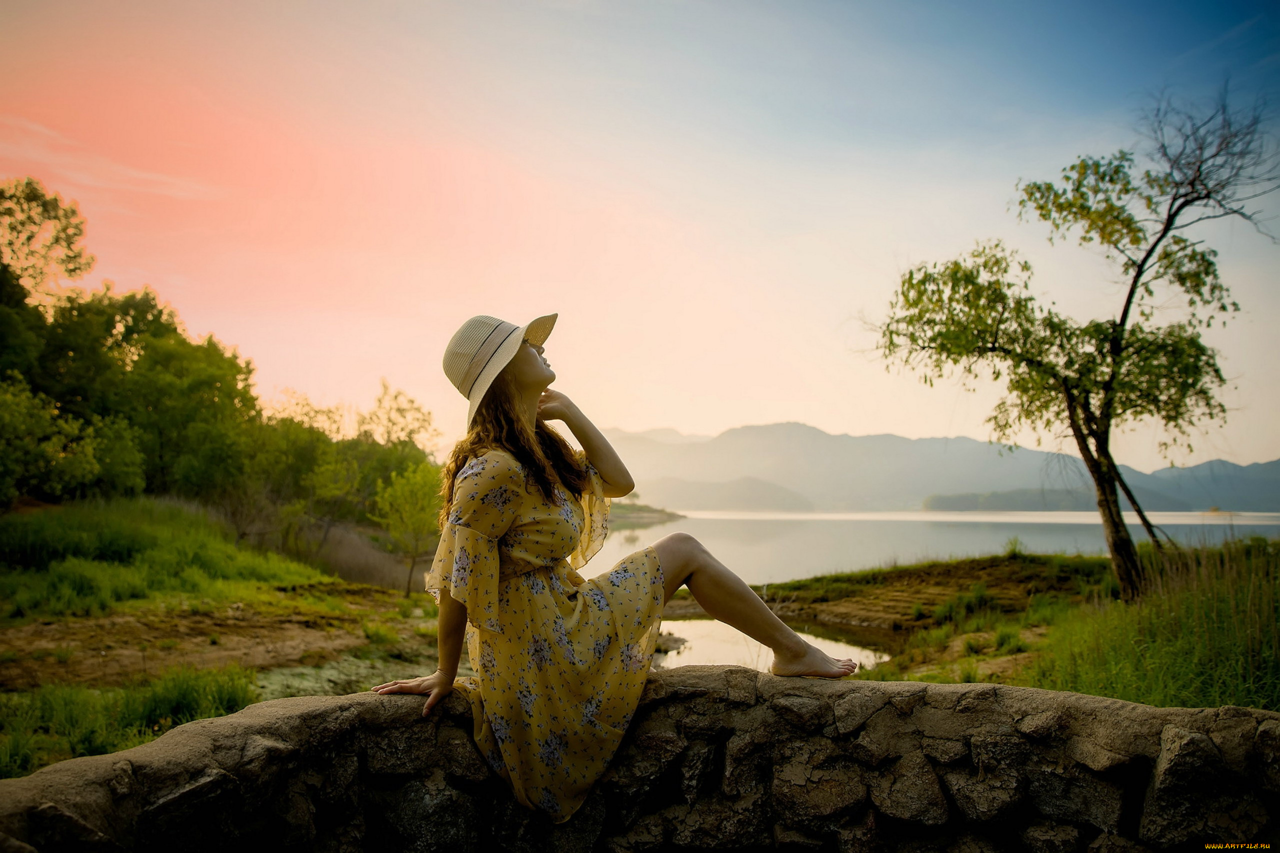 девушки, -, рыжеволосые, и, разноцветные, озеро, девушка, вода