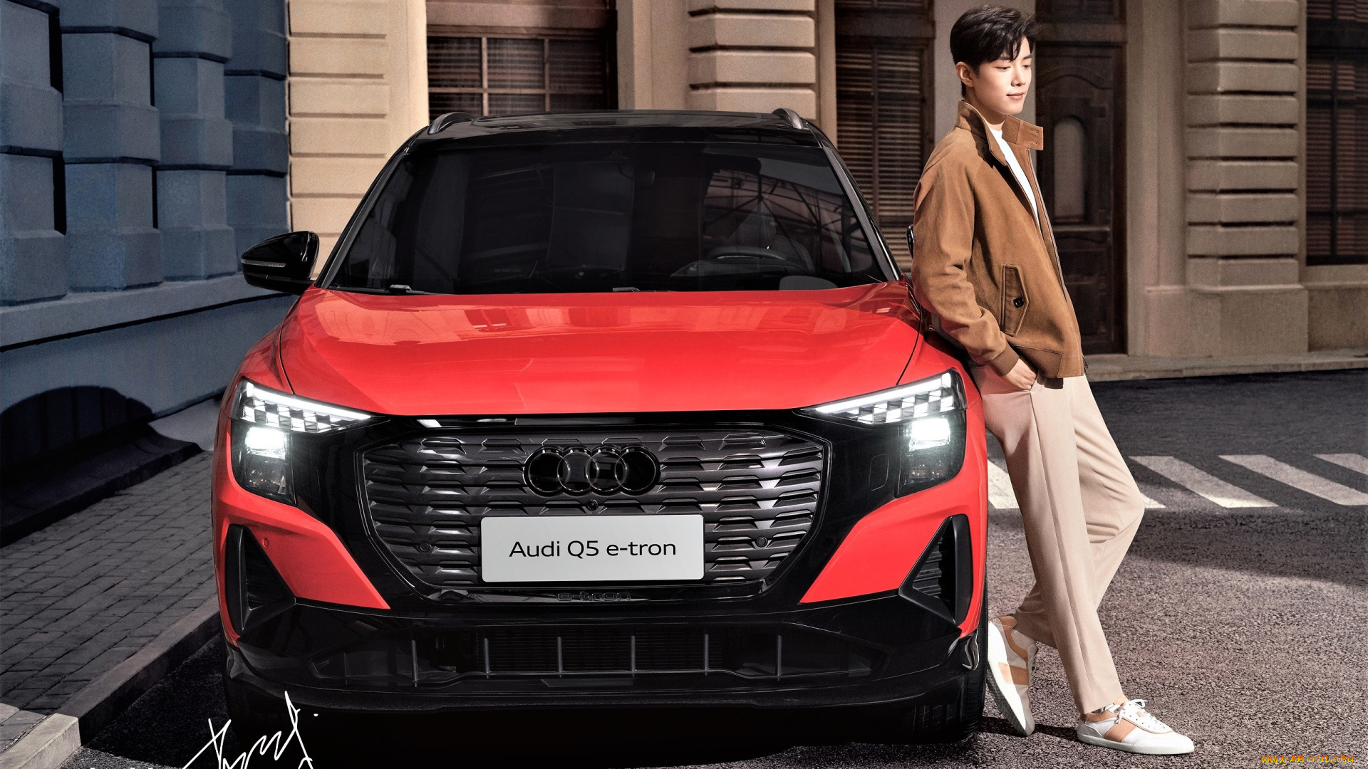 мужчины, xiao, zhan, актер, певец, ауди, красная, куртка, улица, здания