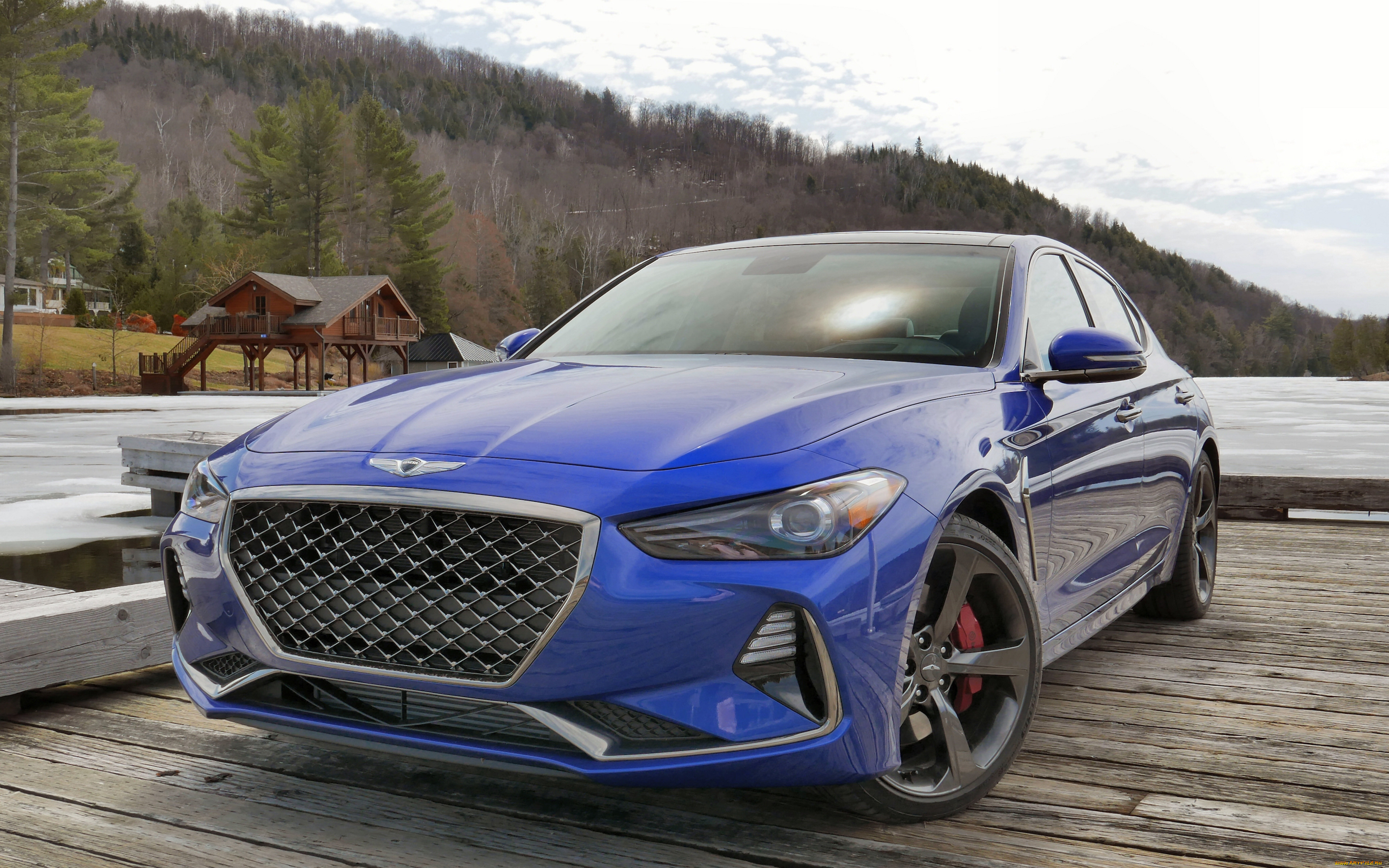 genesis, g70, автомобили, genesis, синий, причал, горы