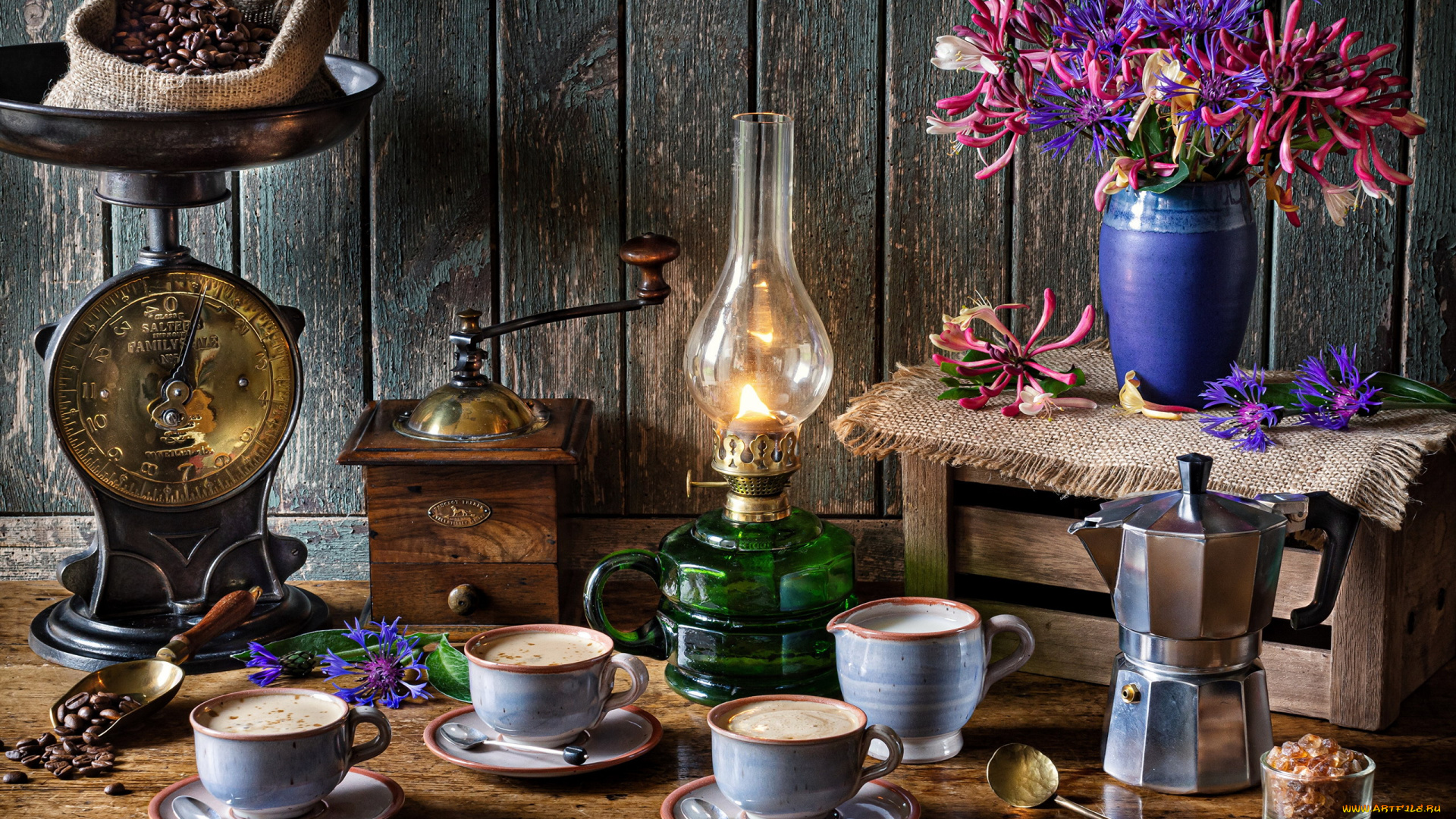 еда, натюрморт, весы, кофемолка, кофейник, кофе, букет