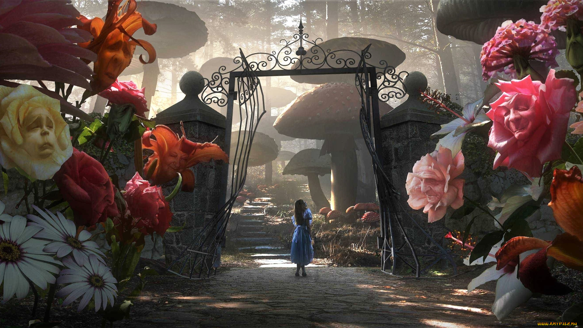 кино, фильмы, alice, in, wonderland, алиса, ворота, сад, цветы, грибы