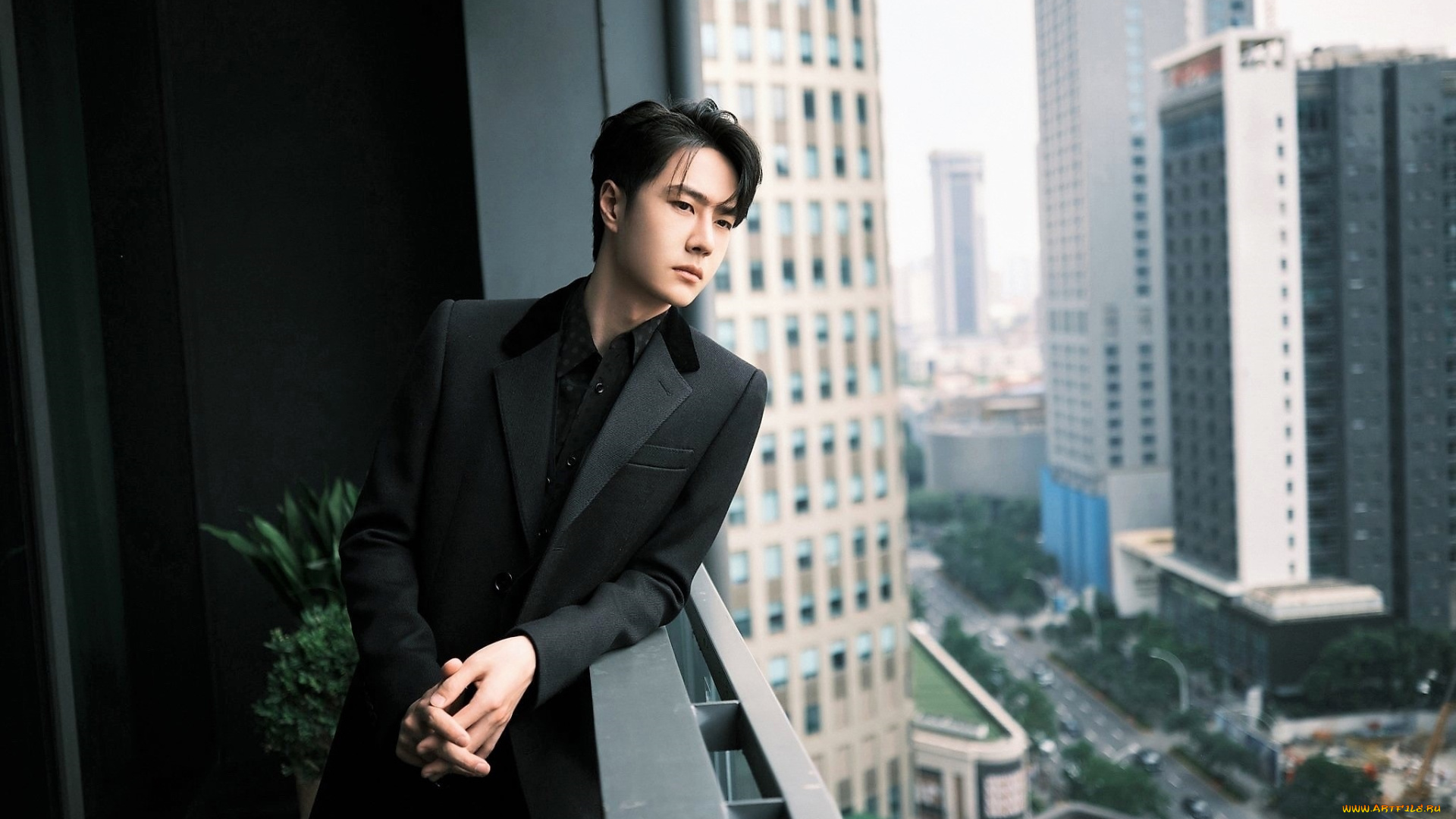 мужчины, wang, yi, bo, актер, пальто, балкон, город, панорама