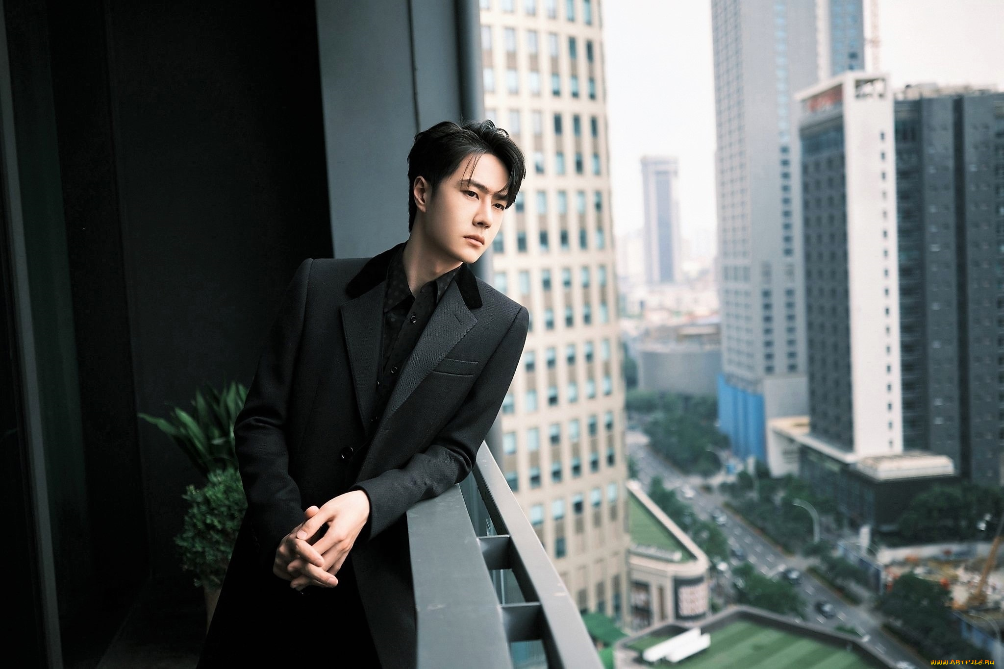 мужчины, wang, yi, bo, актер, пальто, балкон, город, панорама