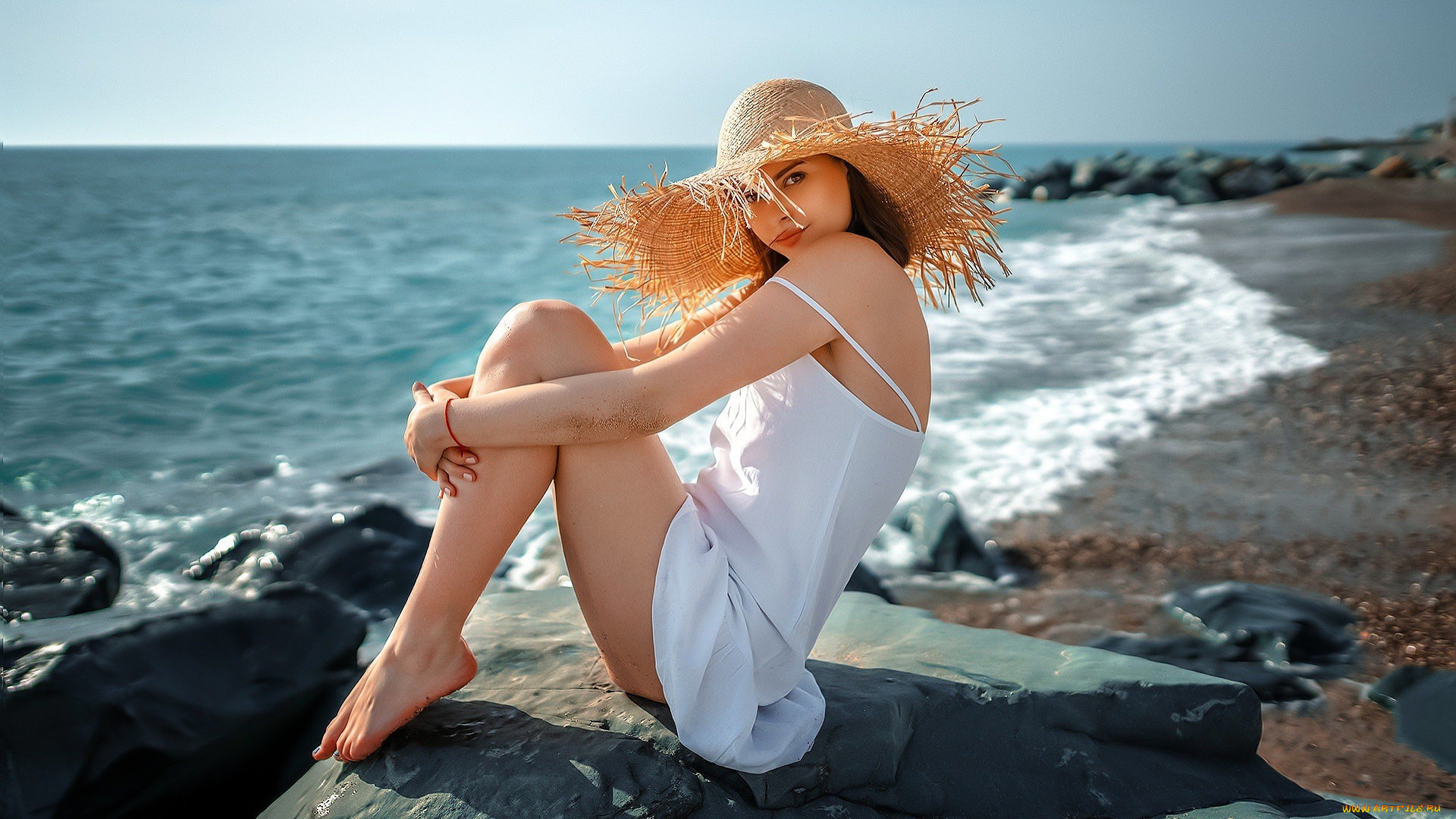 девушки, -, брюнетки, , шатенки, шатенка, шляпа, сарафан, море, камни, берег, пляж