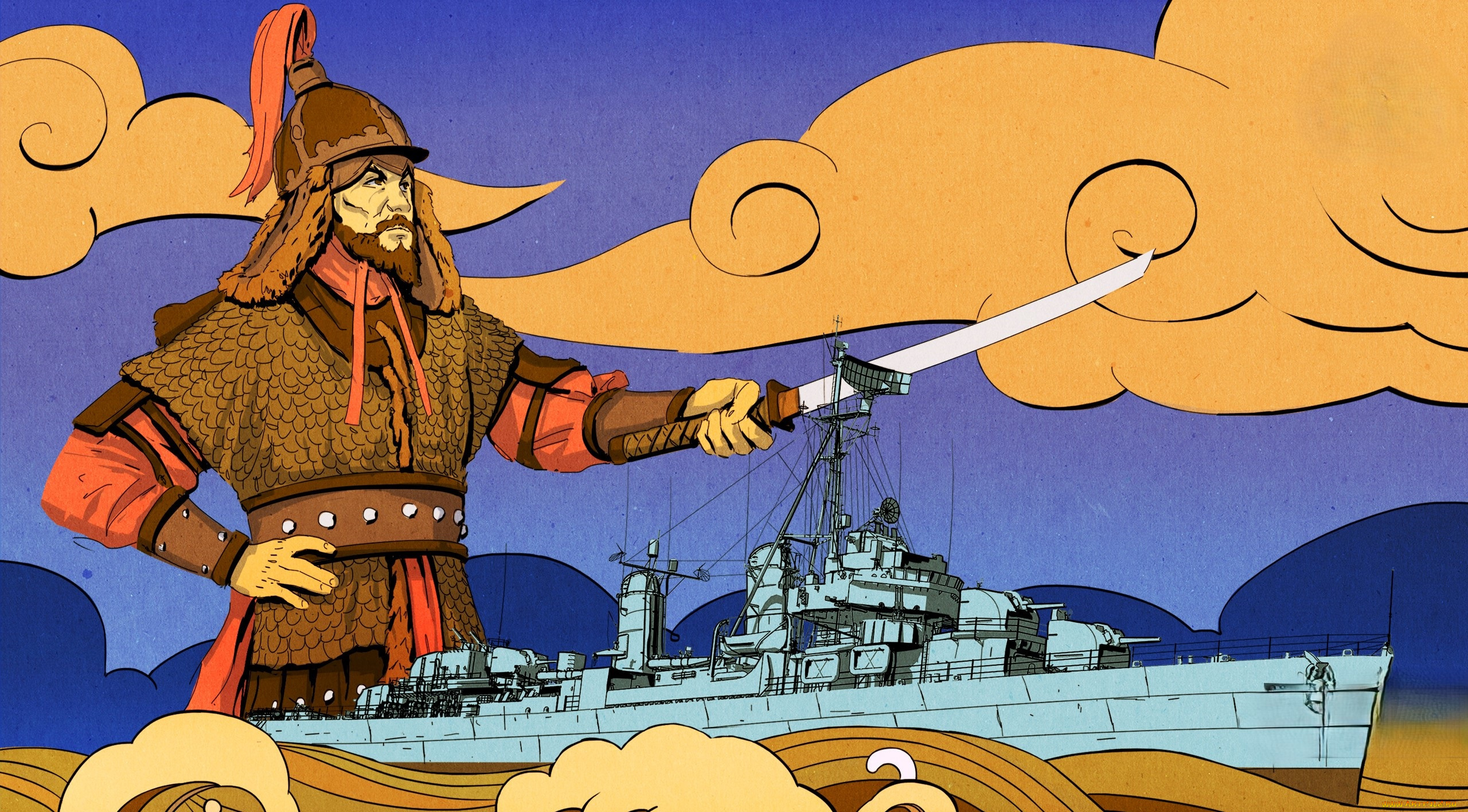 видео, игры, world, of, warships, корабль, море, облака, воин, оружие