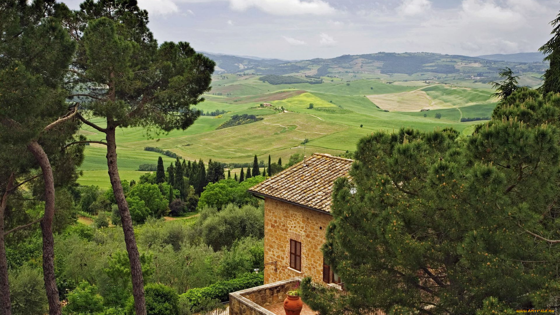 italy, природа, пейзажи, дом, италия, поля, деревья