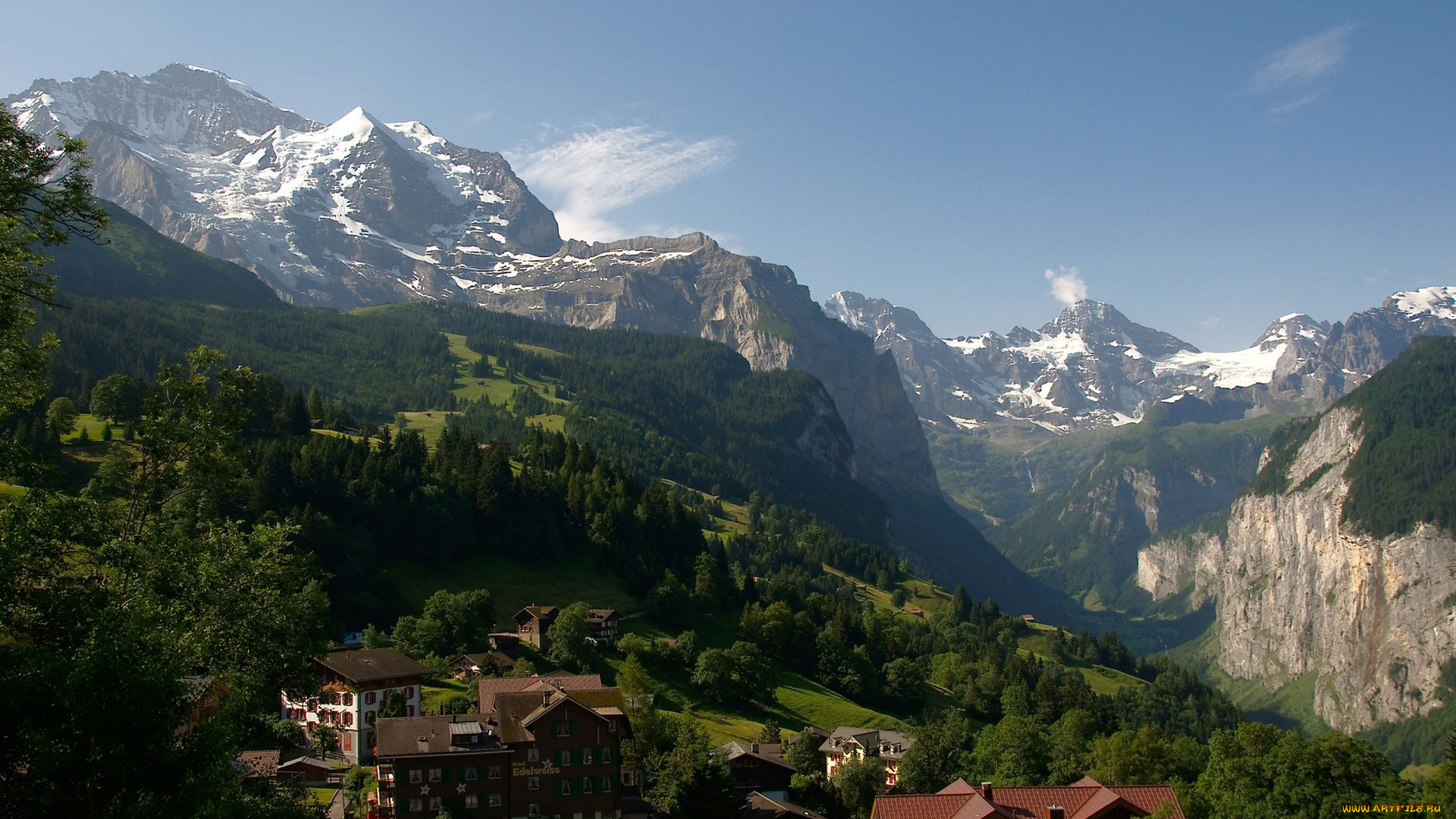 switzerland, города, пейзажи, дома, горы, деревья, швейцария