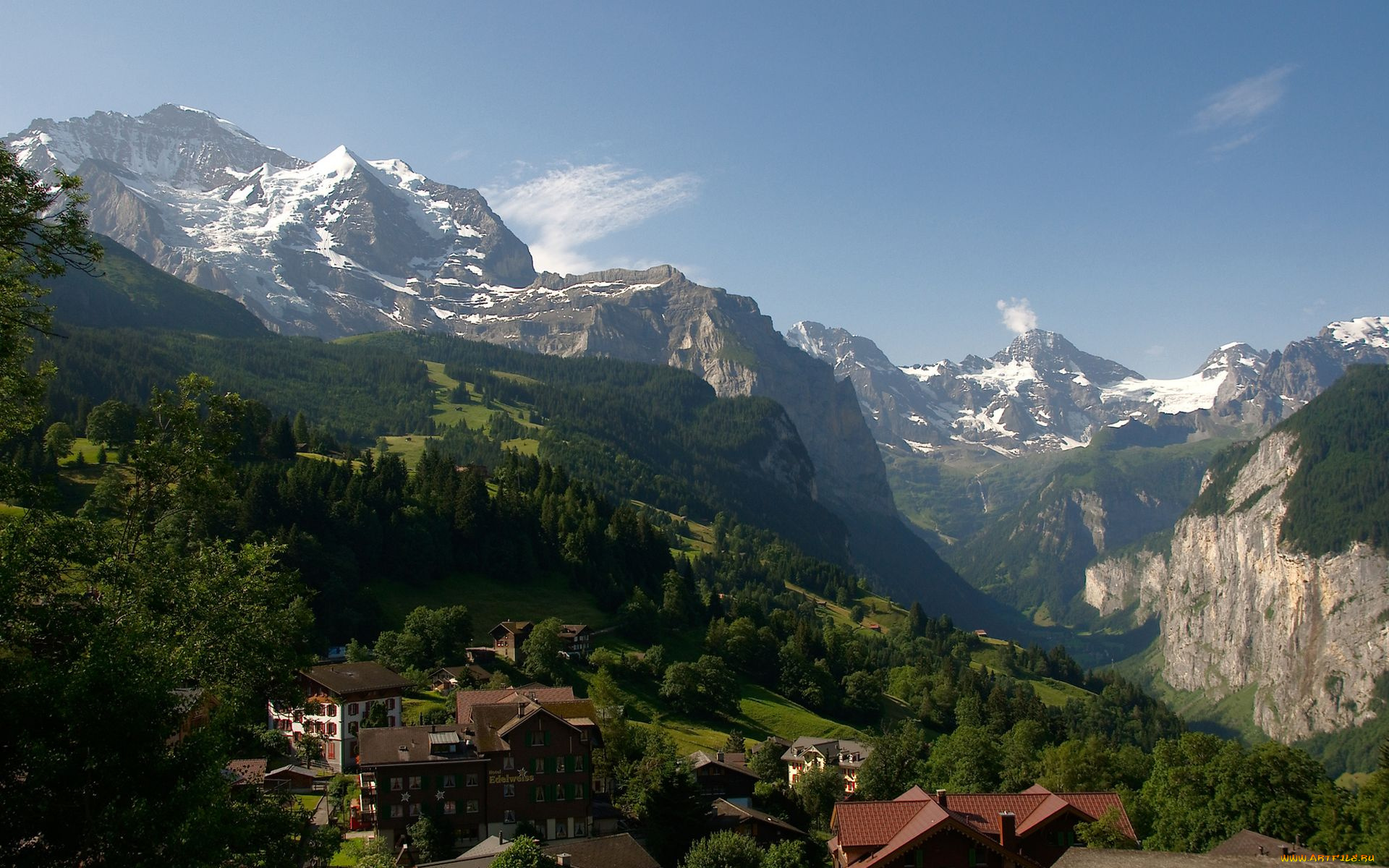 switzerland, города, пейзажи, дома, горы, деревья, швейцария