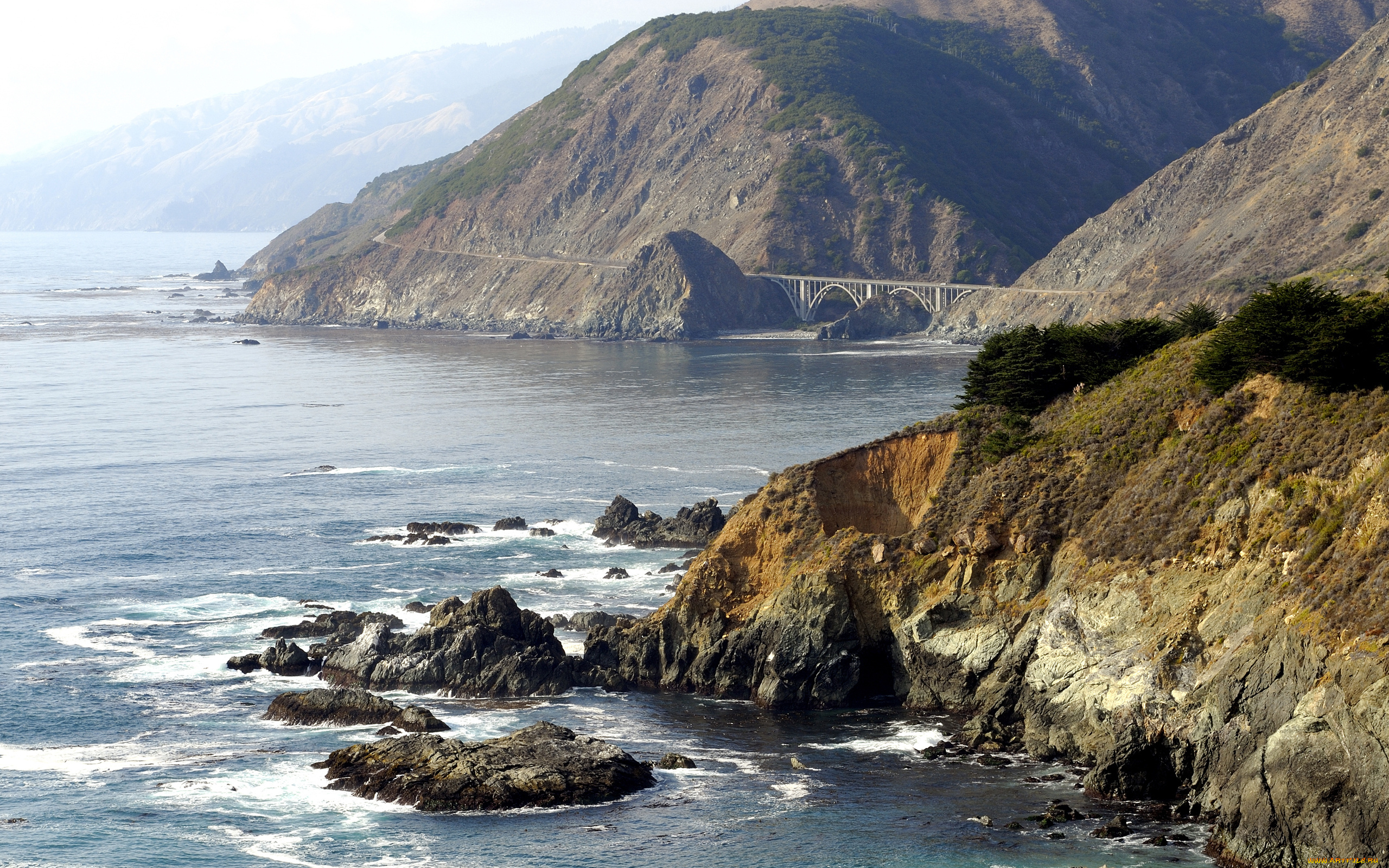 природа, побережье, мост, горы, море
