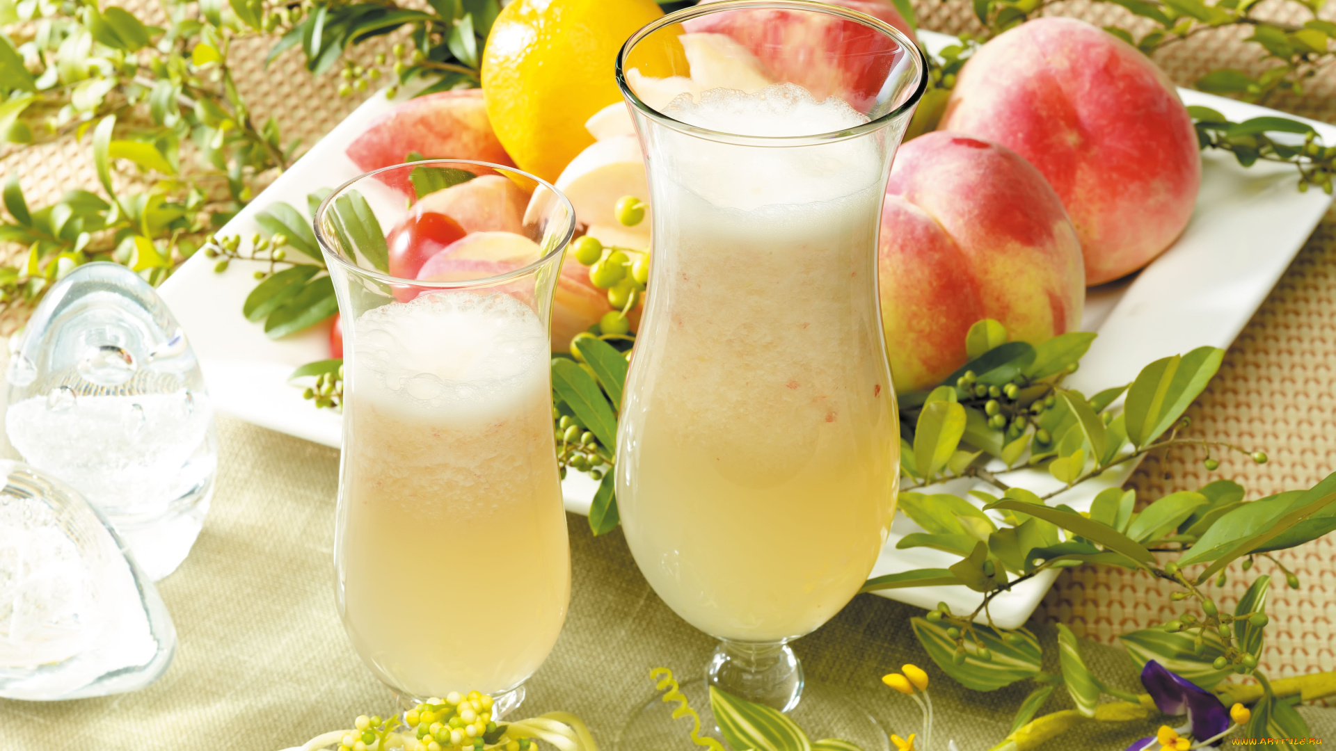 еда, напитки, коктейль, сок, персики, бокалы, цветы