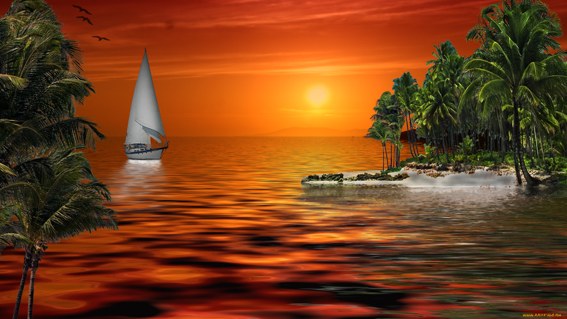 heading, in, 3д, графика, sea, undersea, море, яхта, пальмы, океан