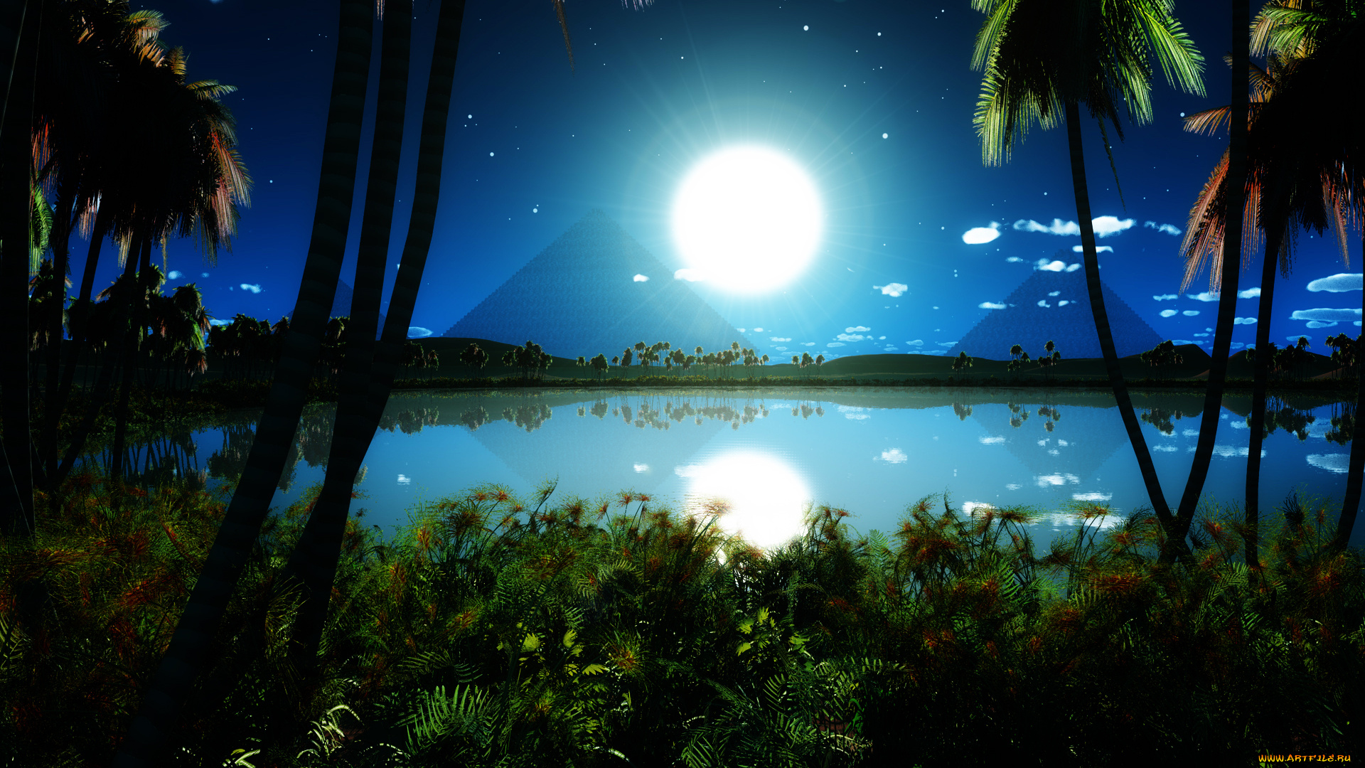 night, at, the, pyramidsпирамиды, река, утро, 3д, графика, nature, landscape, природа, луна, ночь, пальмы, пирамиды