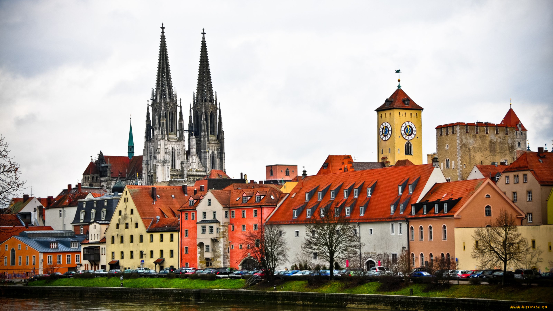 регенсбург, германия, города, часы, река, дома, башня, костел