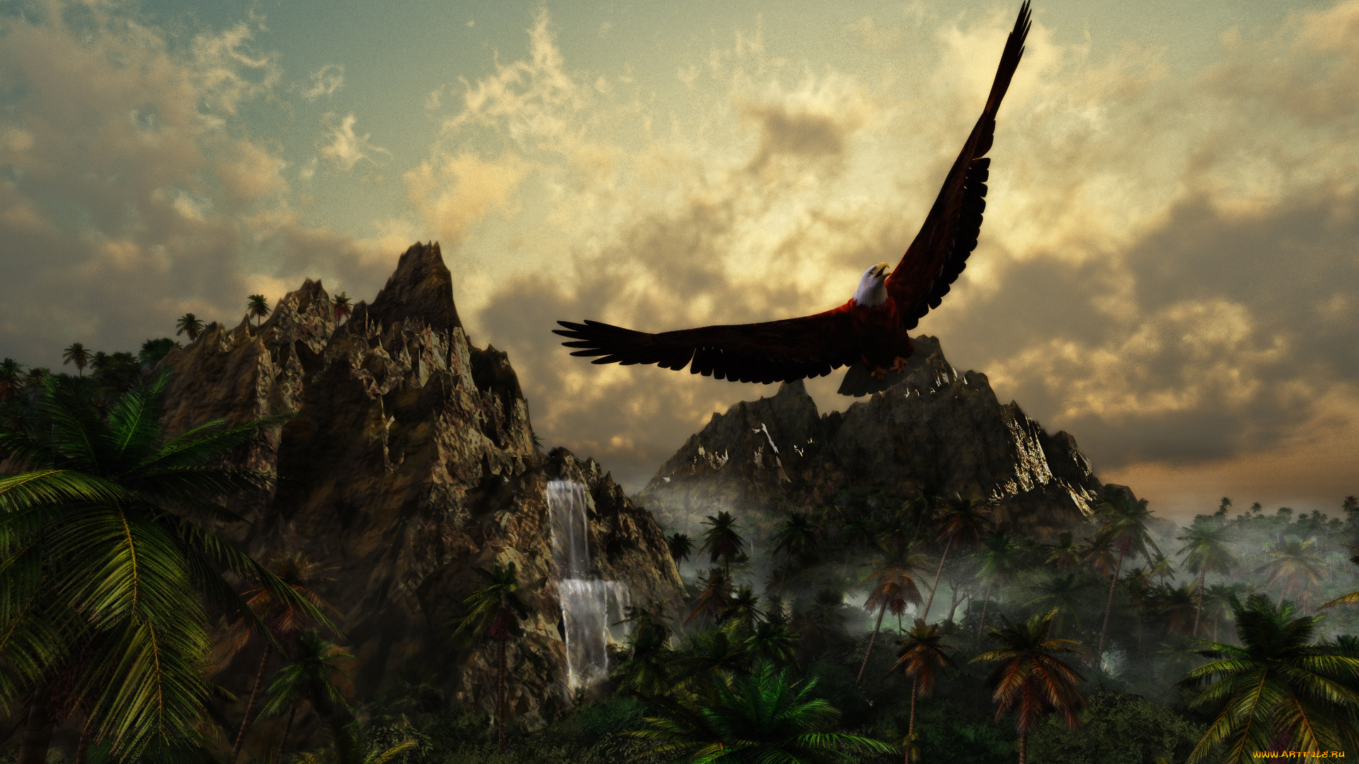 were, eagles, fly, 3д, графика, animals, животные, тучи, орел, горы, небо