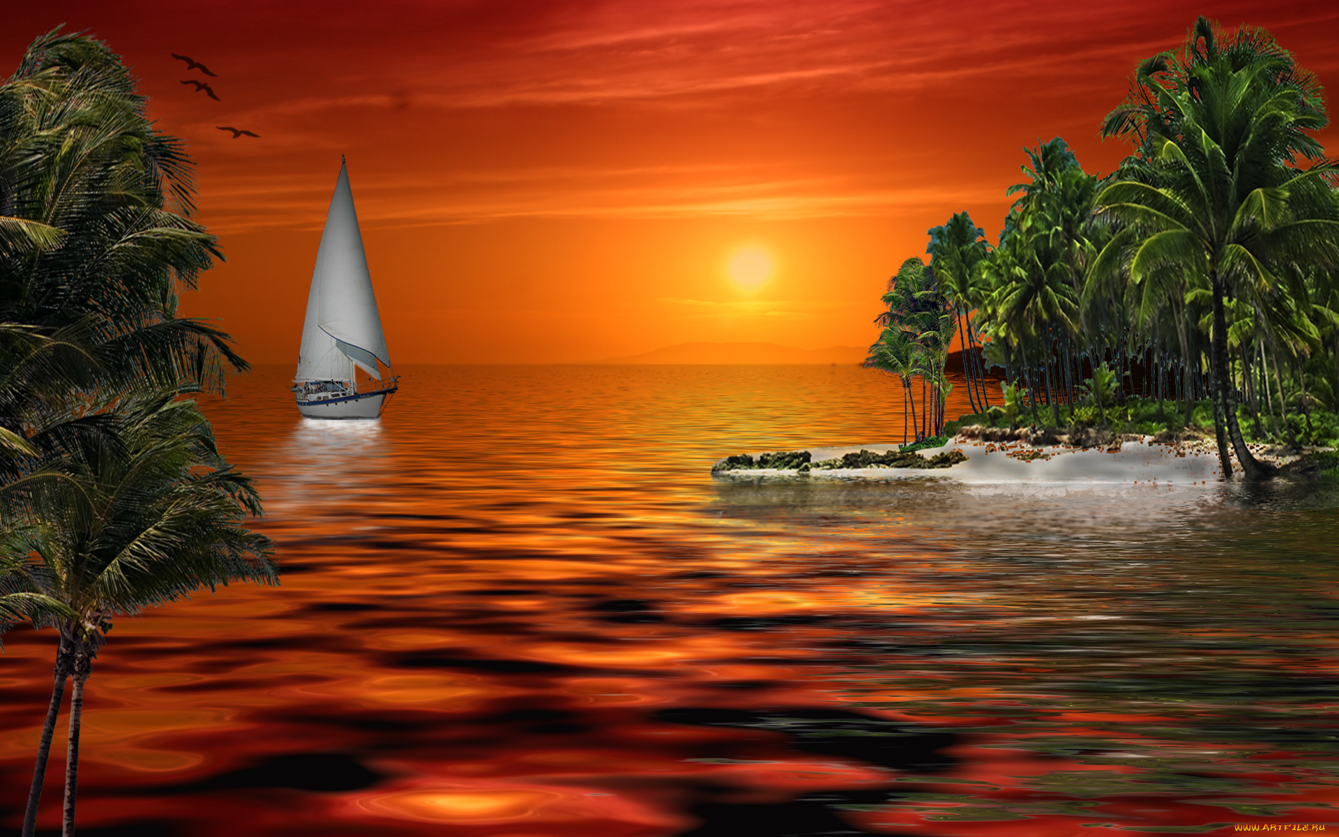 heading, in, 3д, графика, sea, undersea, море, яхта, пальмы, океан