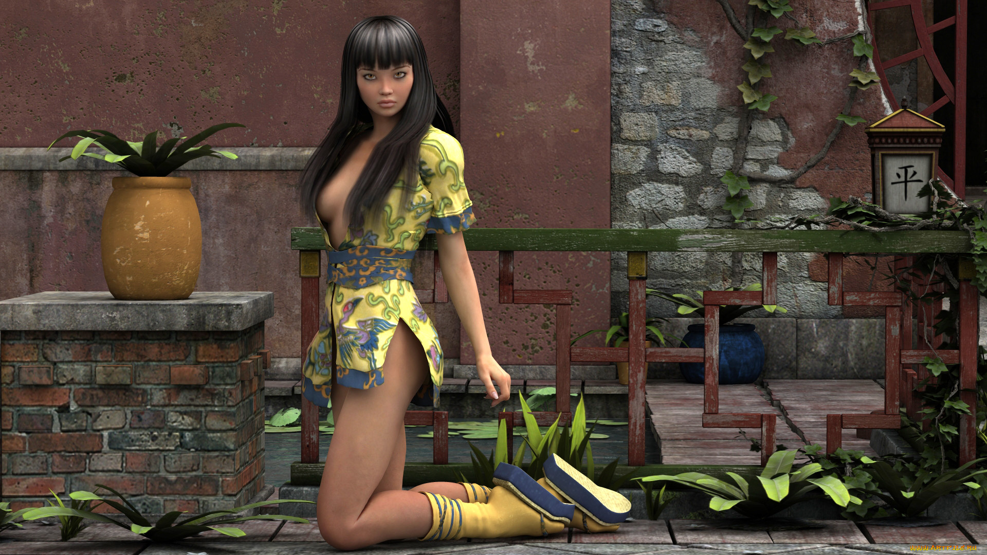 3д, графика, people, люди, девушка, ваза, кимоно