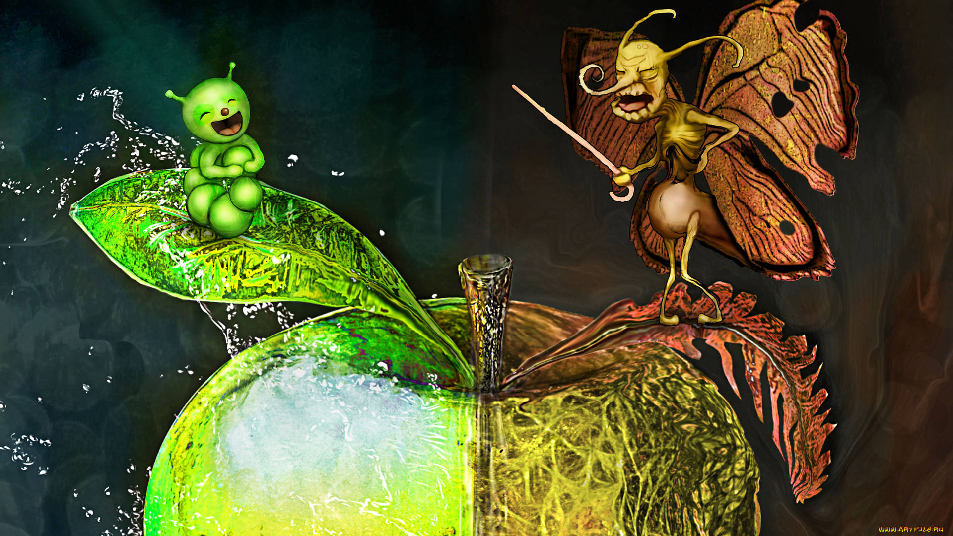 фэнтези, существа, яблоко, улыбка, крылья