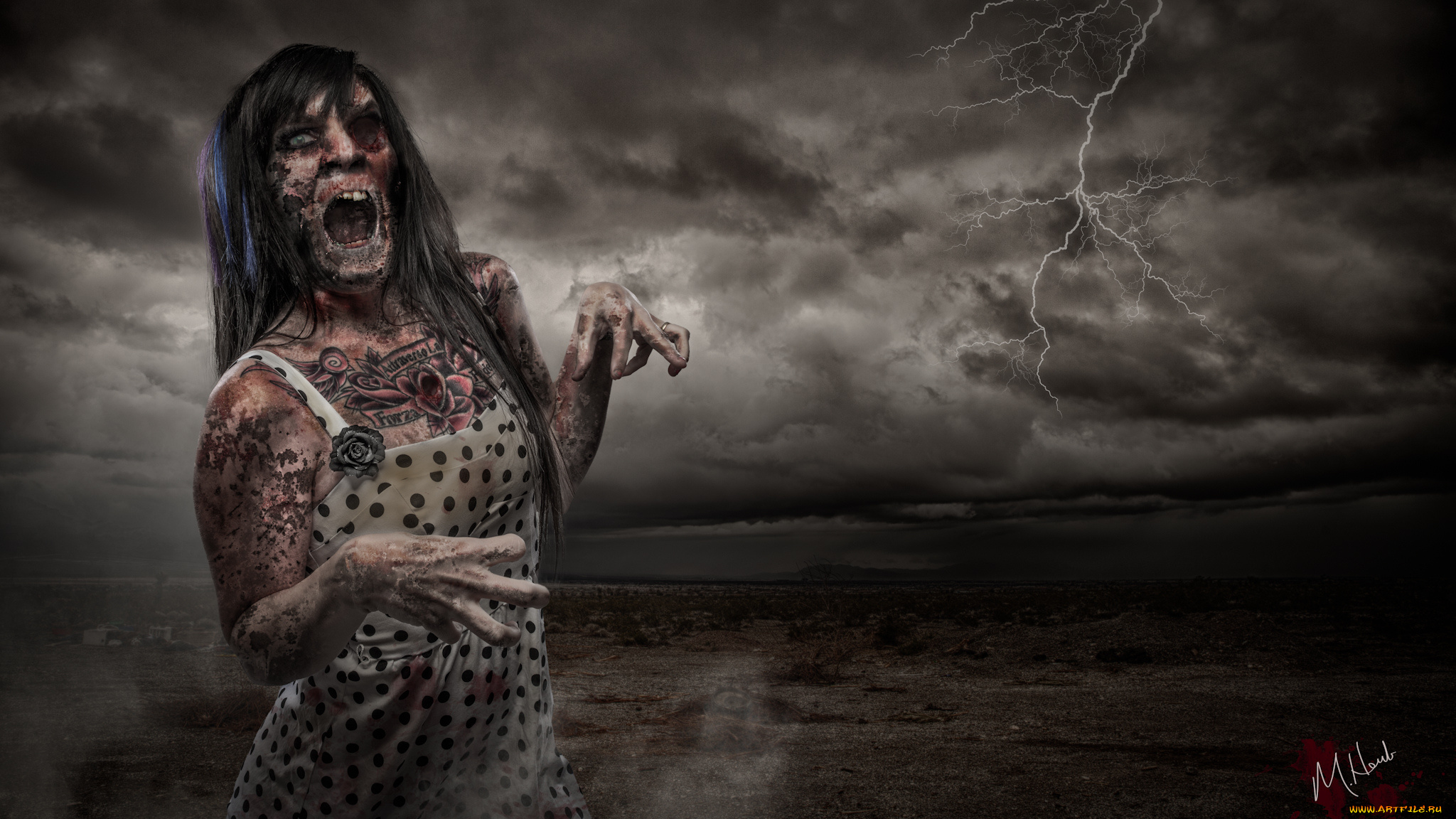 разное, компьютерный, дизайн, девушка, зомби, тату, молния