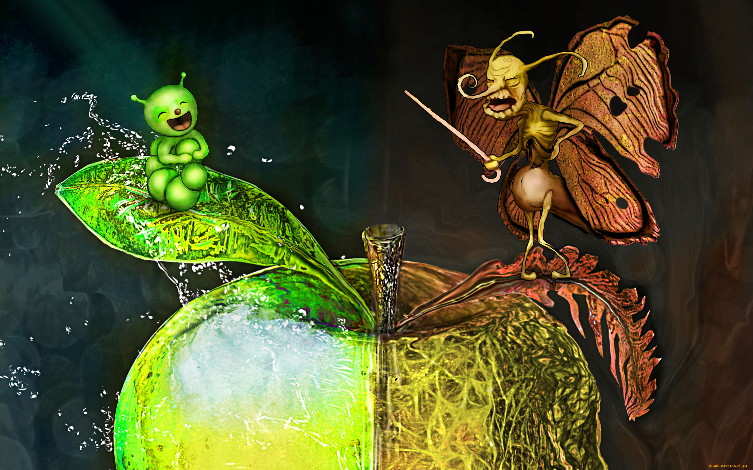 фэнтези, существа, яблоко, улыбка, крылья