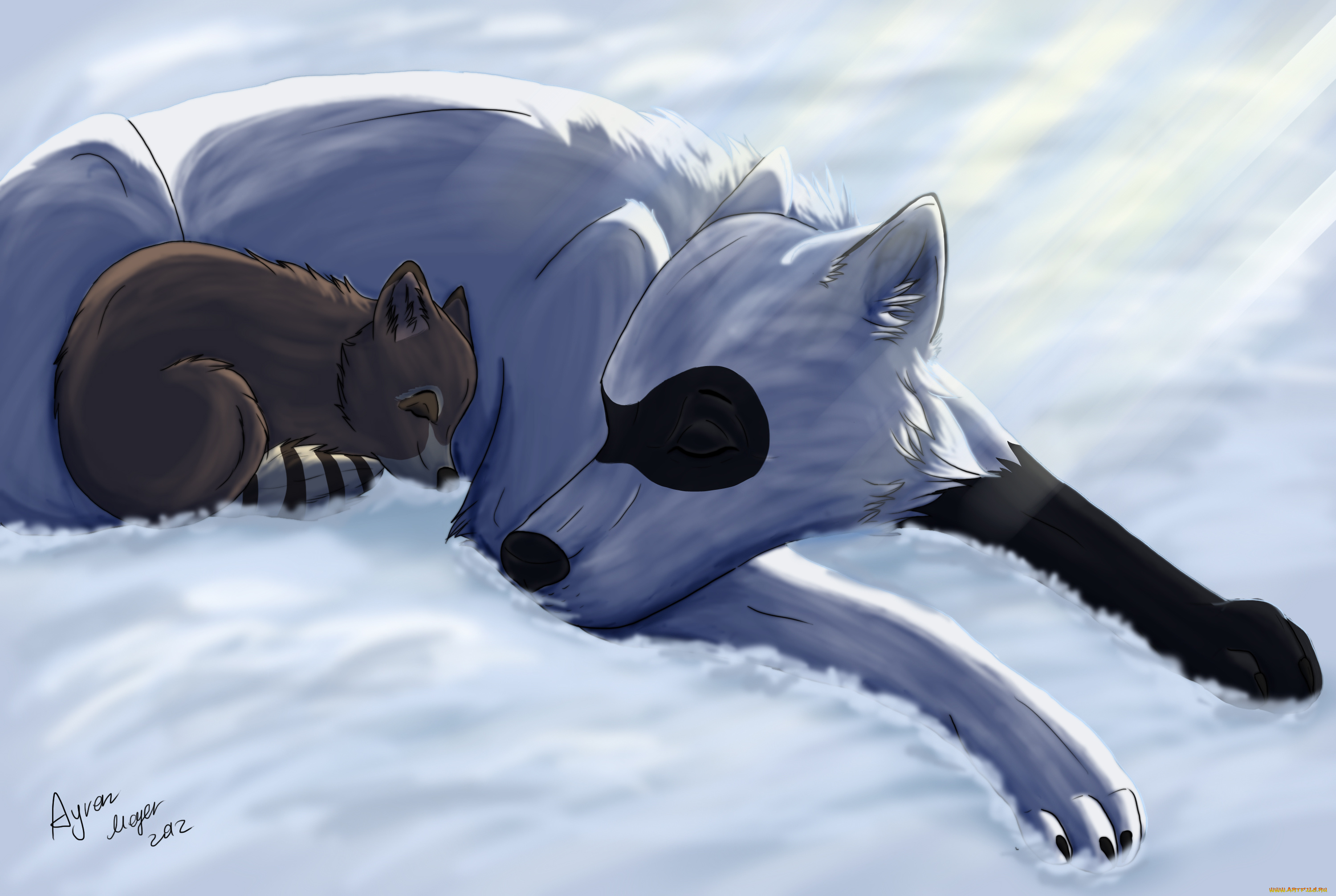 рисованные, животные, сказочные, мифические, собака, снег