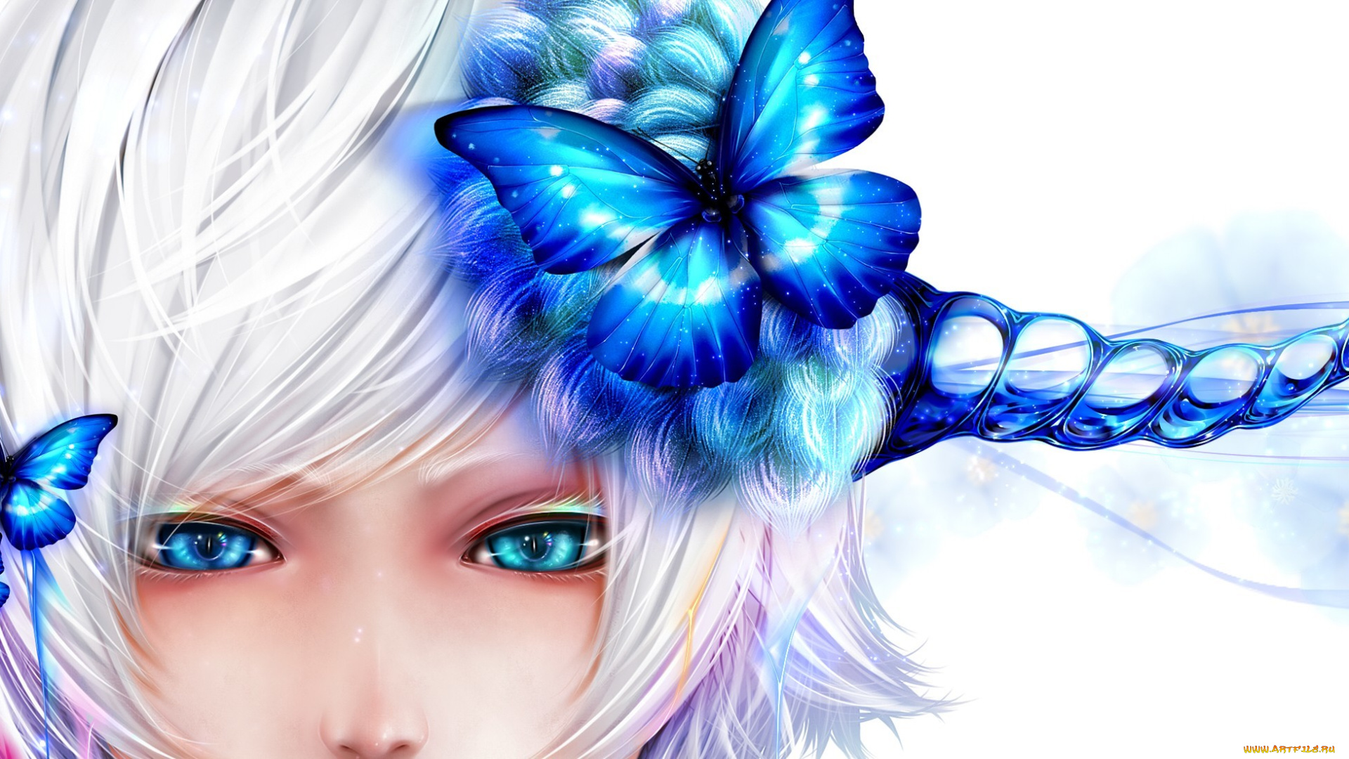 аниме, -angels, &, demons, синий, белый, фон, бабочки, bouno, satoshi, арт, рога, лицо, девушка