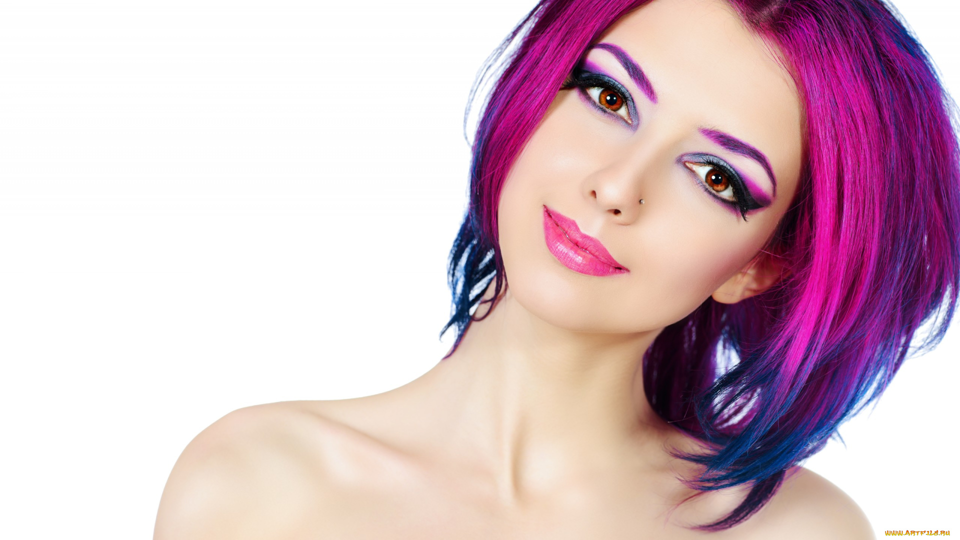 девушки, -unsort, , лица, , портреты, девушка, яркие, волосы, взгляд, карие, глаза, пирсинг, плечи, фон