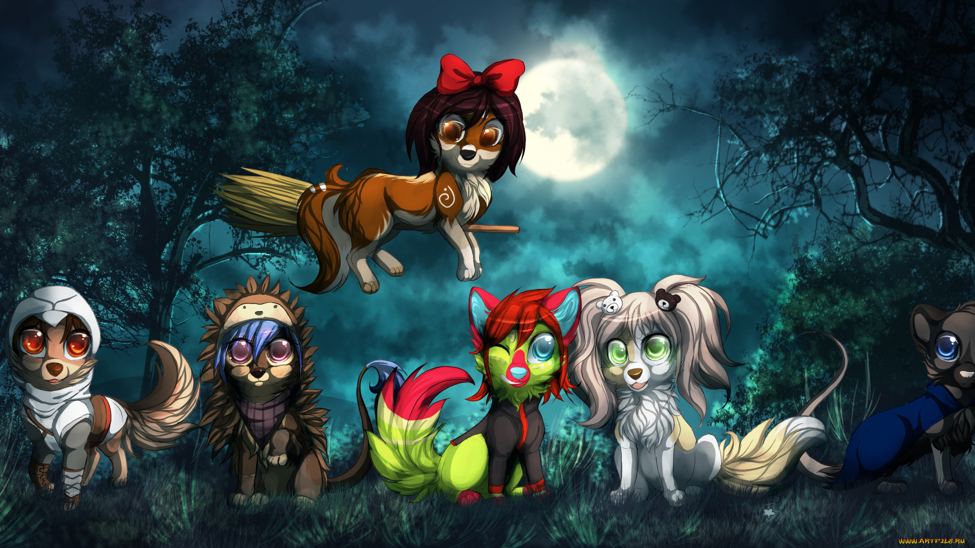 рисованные, животные, , сказочные, , мифические, разные, много, щенки, природа, ночь