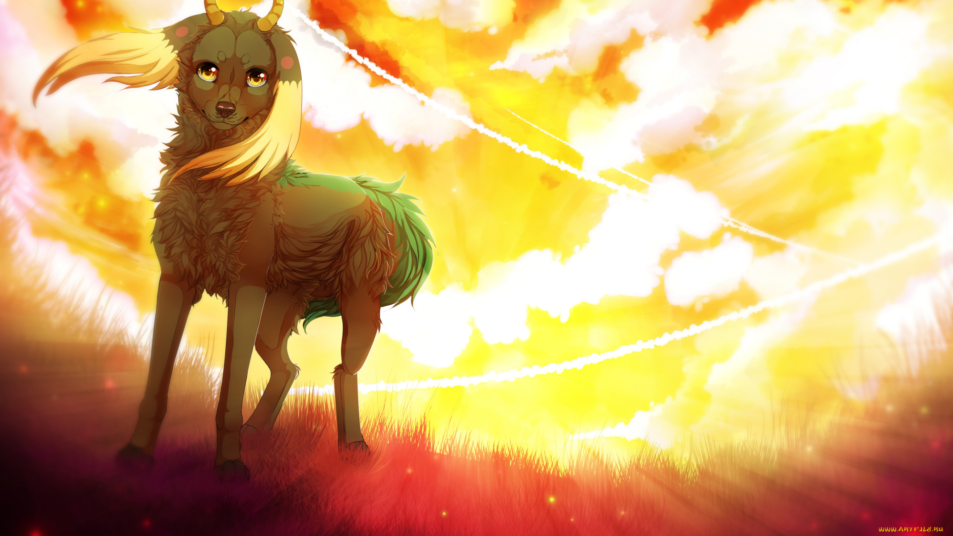 рисованные, животные, , сказочные, , мифические, закат, животное, небо