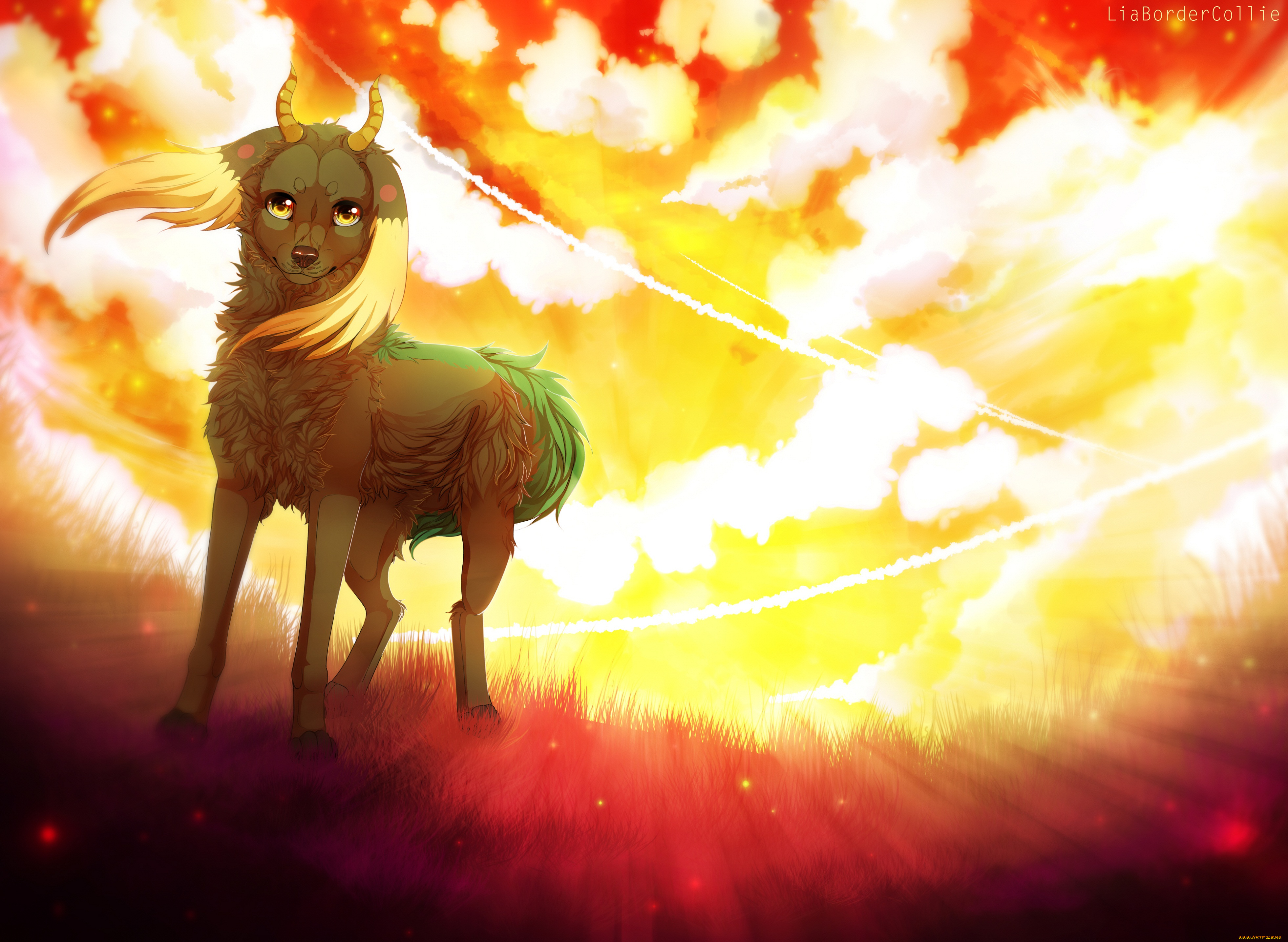 рисованные, животные, , сказочные, , мифические, закат, животное, небо