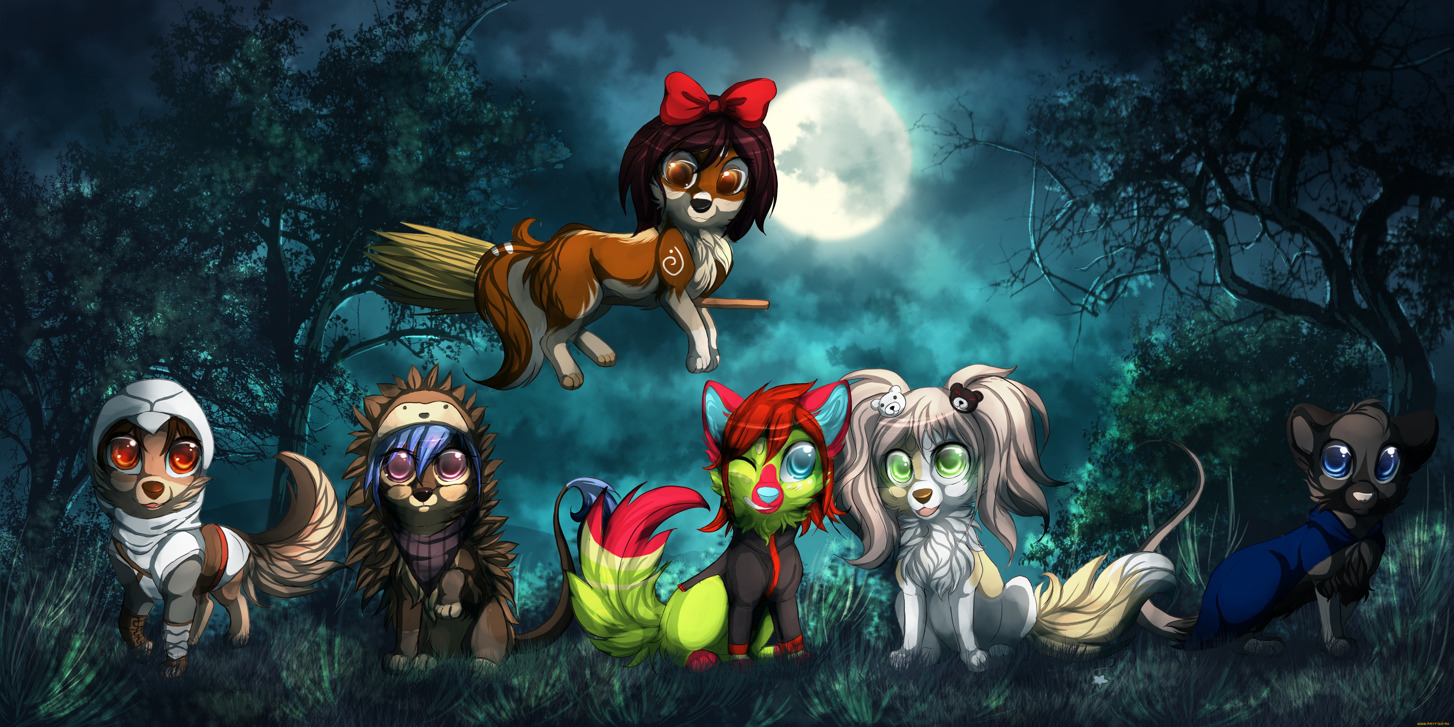 рисованные, животные, , сказочные, , мифические, разные, много, щенки, природа, ночь