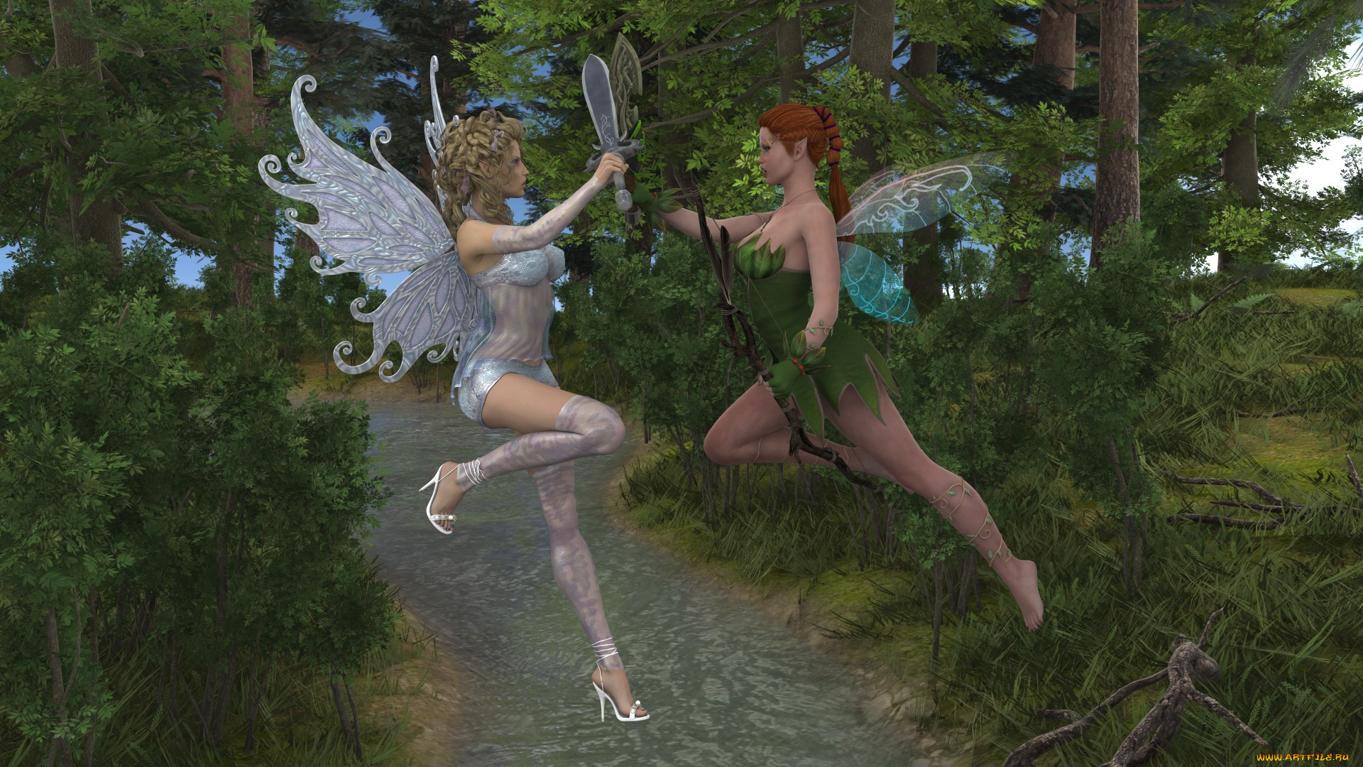 3д, графика, эльфы, , elves, река, лес, оружие, фон, взгляд, феи