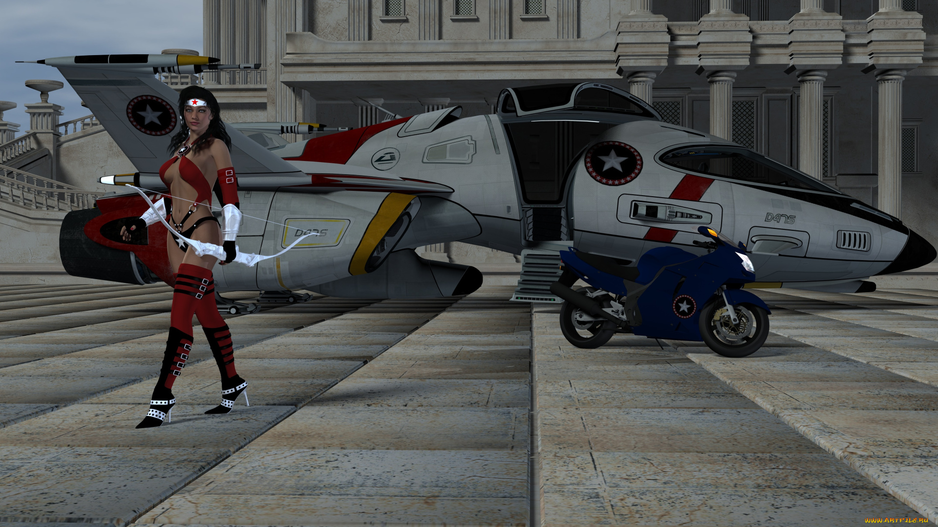 3д, графика, фантазия, , fantasy, лук, супермен, фон, взгляд, девушка, самолет