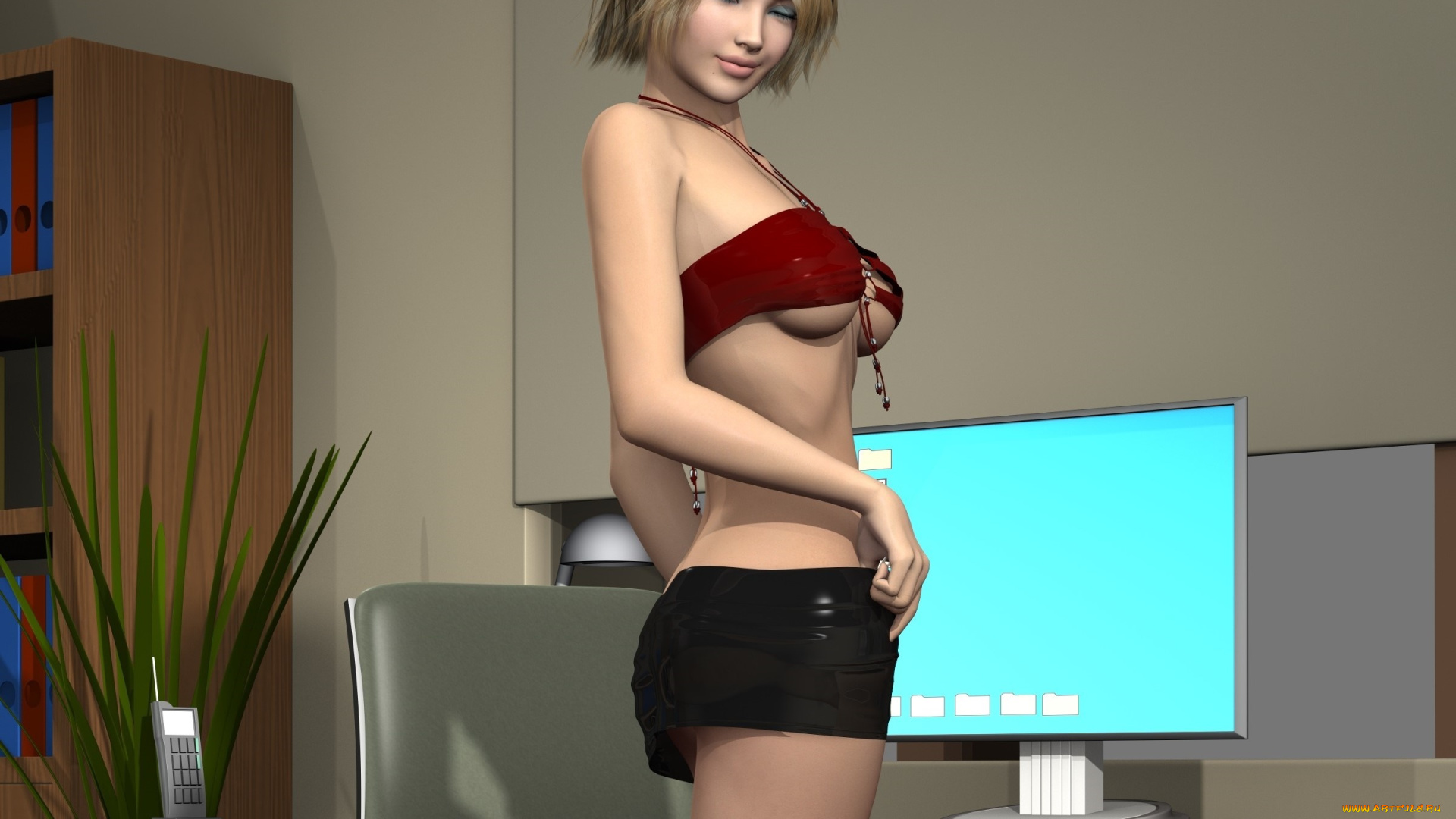 3д, графика, люди, , people, девушка, взгляд, фон, стол, монитор, улыбка