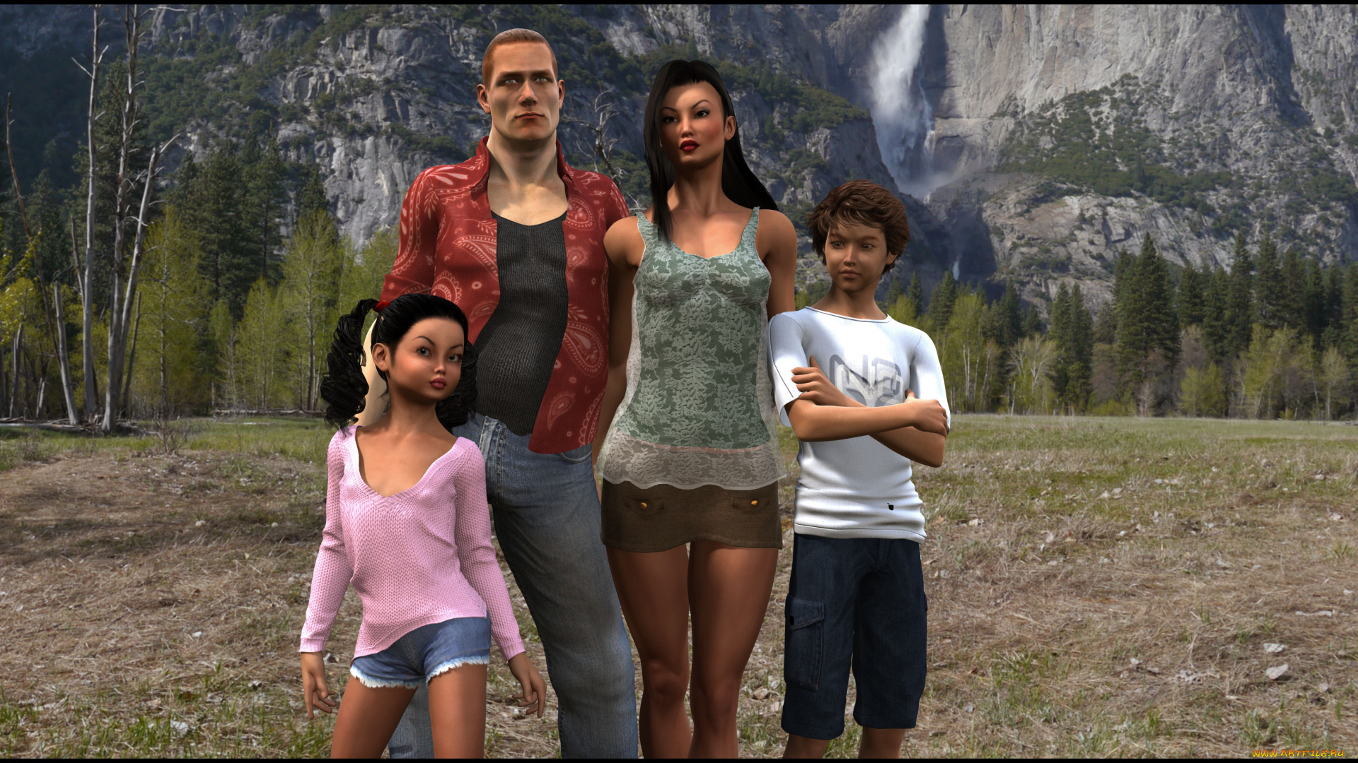 3д, графика, люди, , people, мать, мужчина, фон, взгляд, девушка, дети, отец