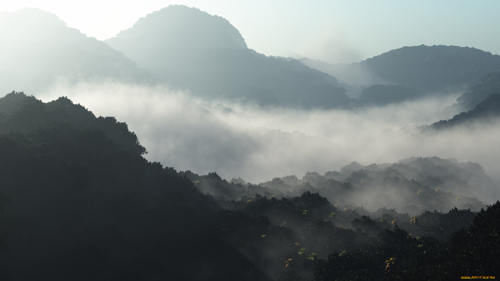 3д, графика, природа, , nature, туман, лес, горы