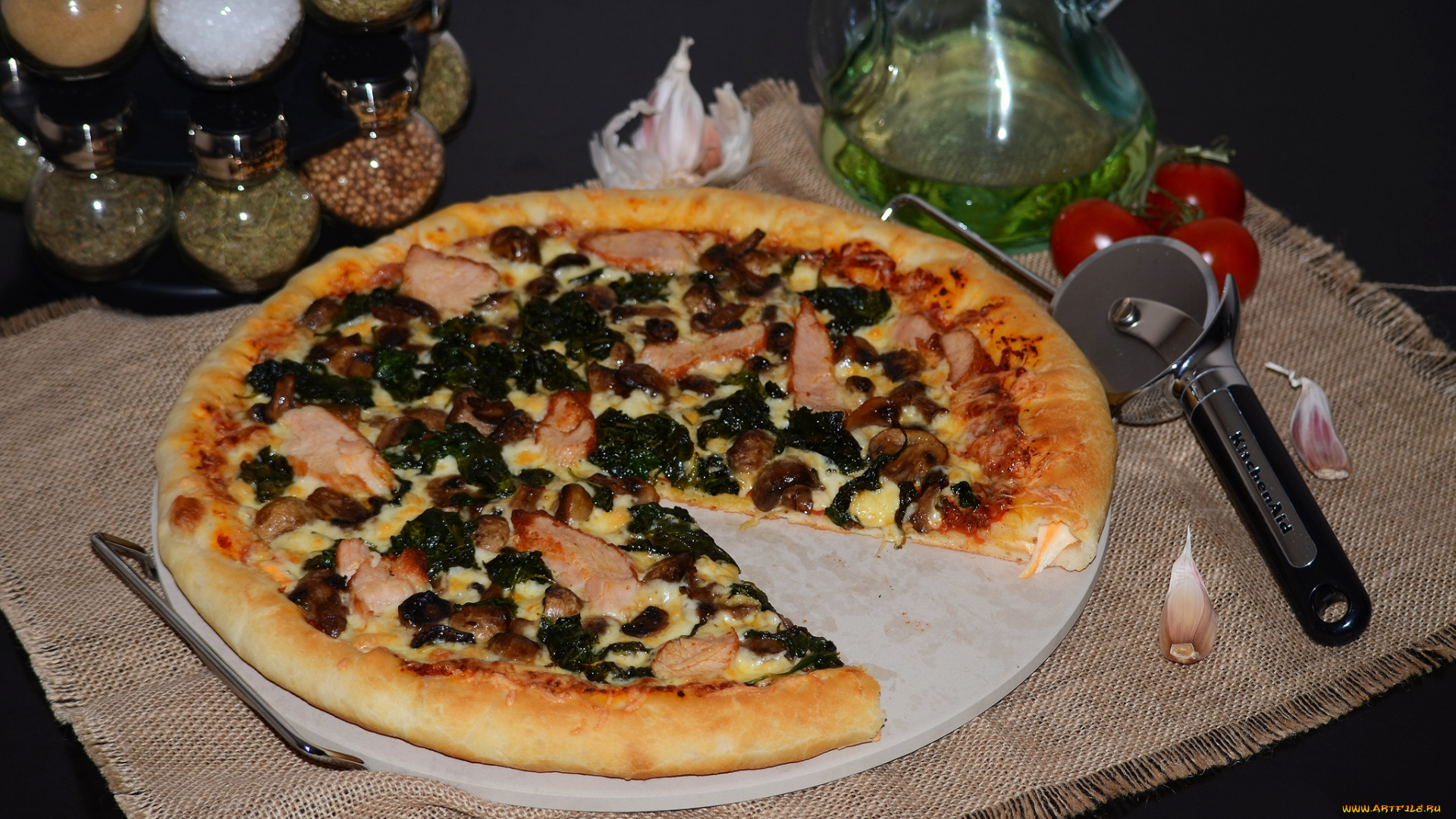 еда, пицца, приправа, томаты, масло