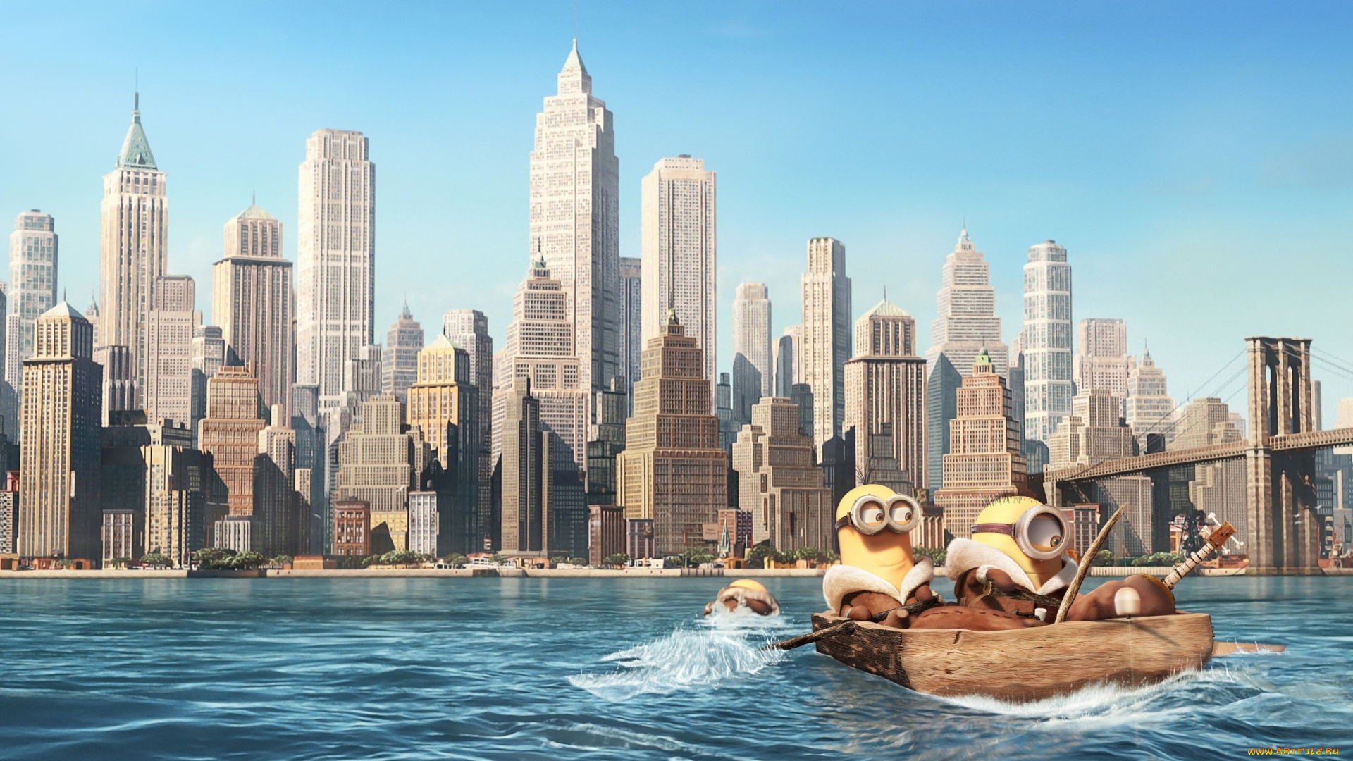 мультфильмы, minions, миньоны, мультфильм, город, река, мост, лодка, кадр, весло, удочка, гитара