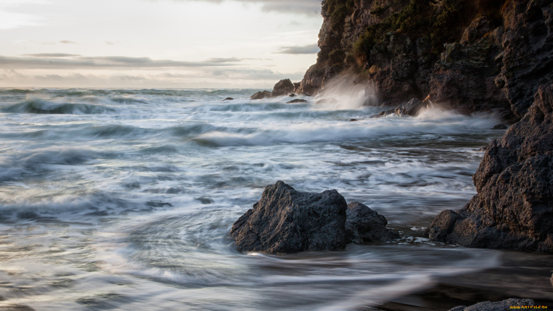 природа, побережье, океан, волны, скалы, берег