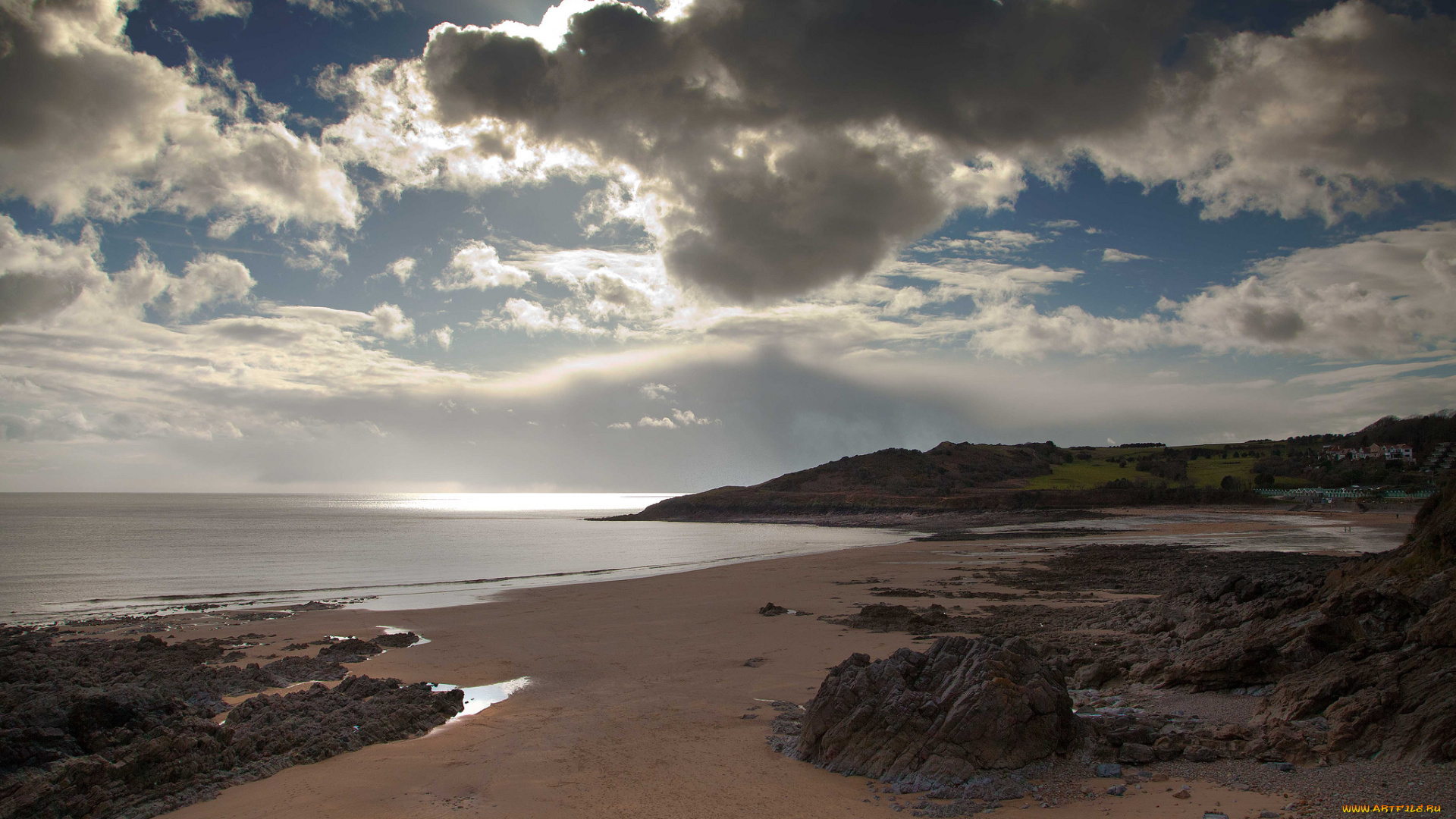 природа, побережье, пляж, море, песок, камни, облака