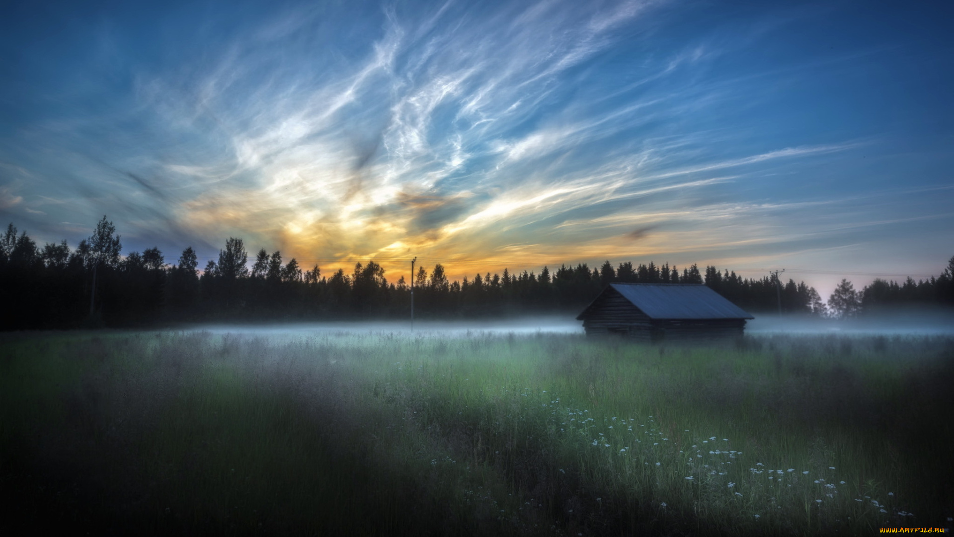 природа, восходы, закаты, утро, туман, поле, дом